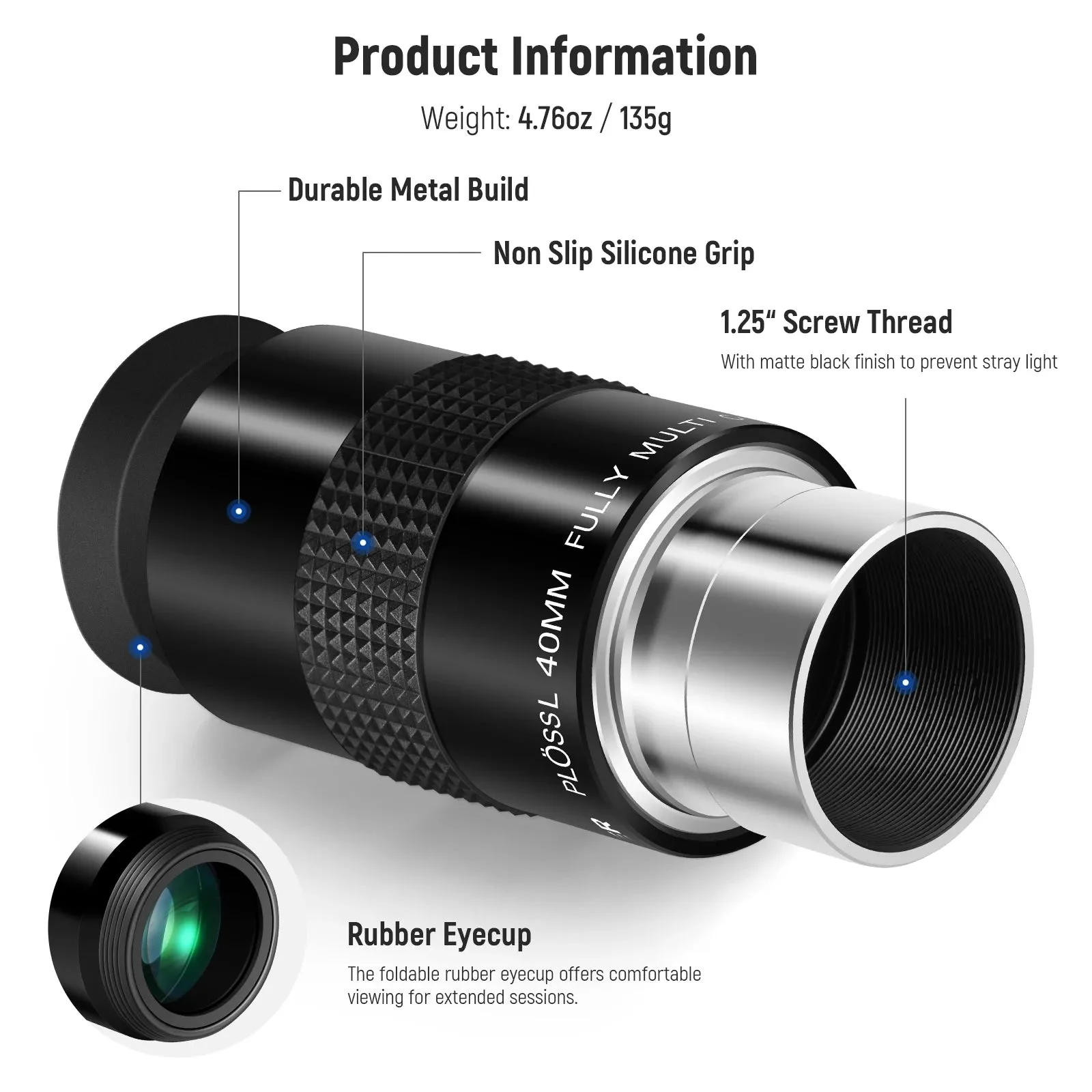 1.25 Plssl Telescope Eyepiece 48 Wide Field Lens 40mm Focal Hd Optical Glass