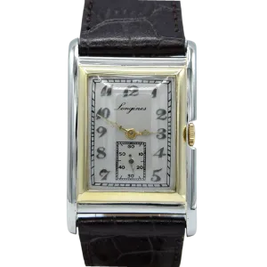 1928 Longines super rare and special Art Deco solid 18k two colour gold tank watch cal 8.28