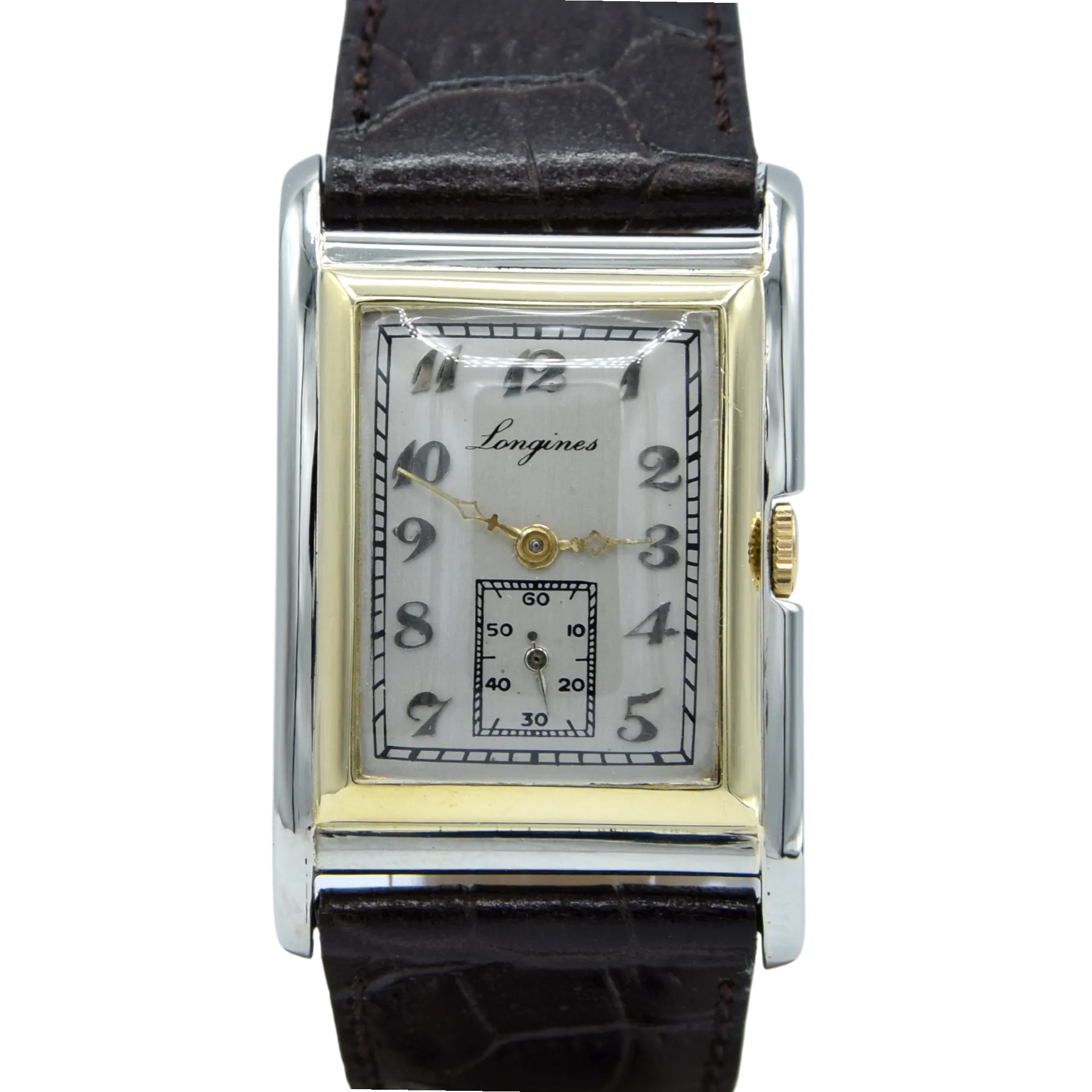 1928 Longines super rare and special Art Deco solid 18k two colour gold tank watch cal 8.28