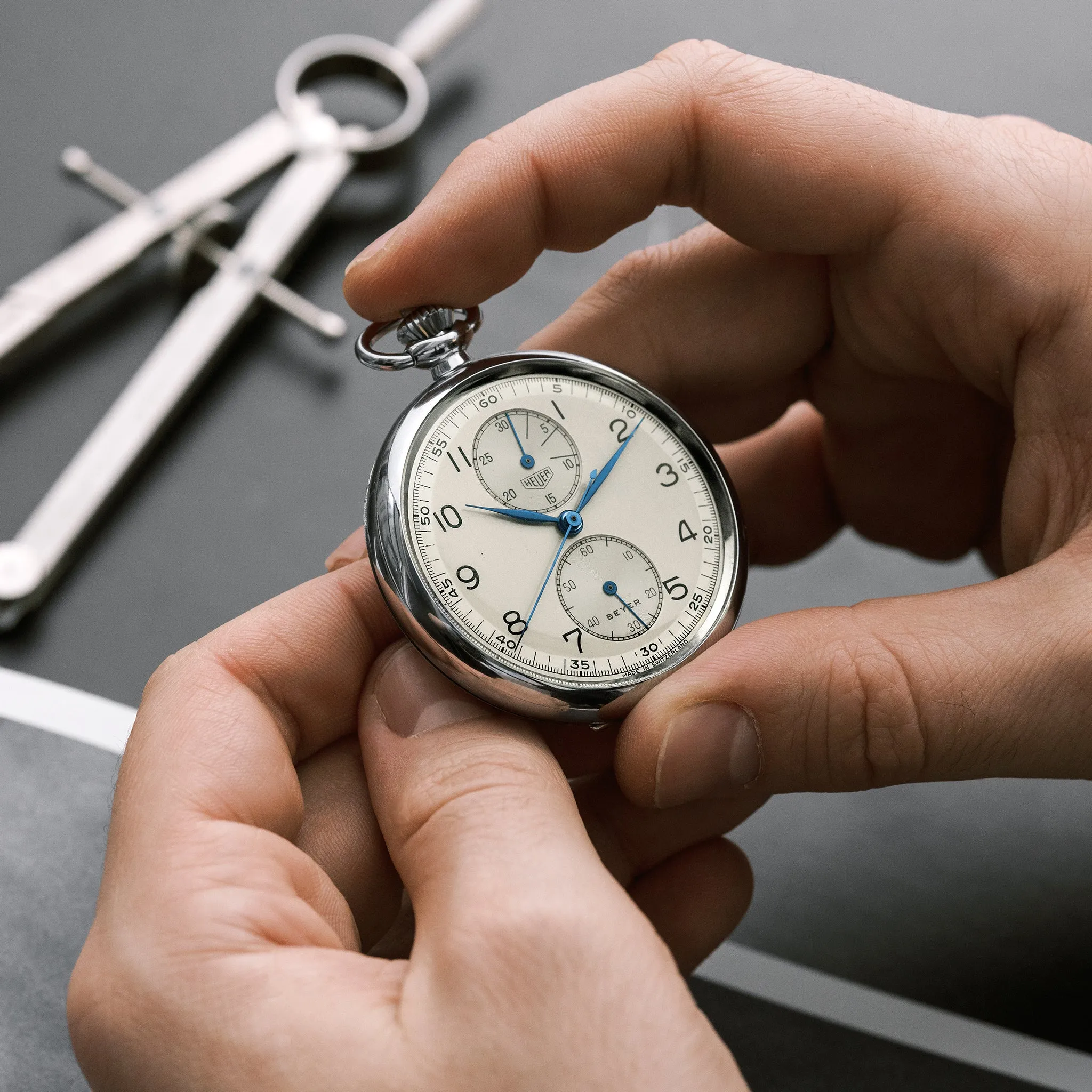 1940s Heuer Single-Button Chronograph Pocket Watch Retailed By Beyer
