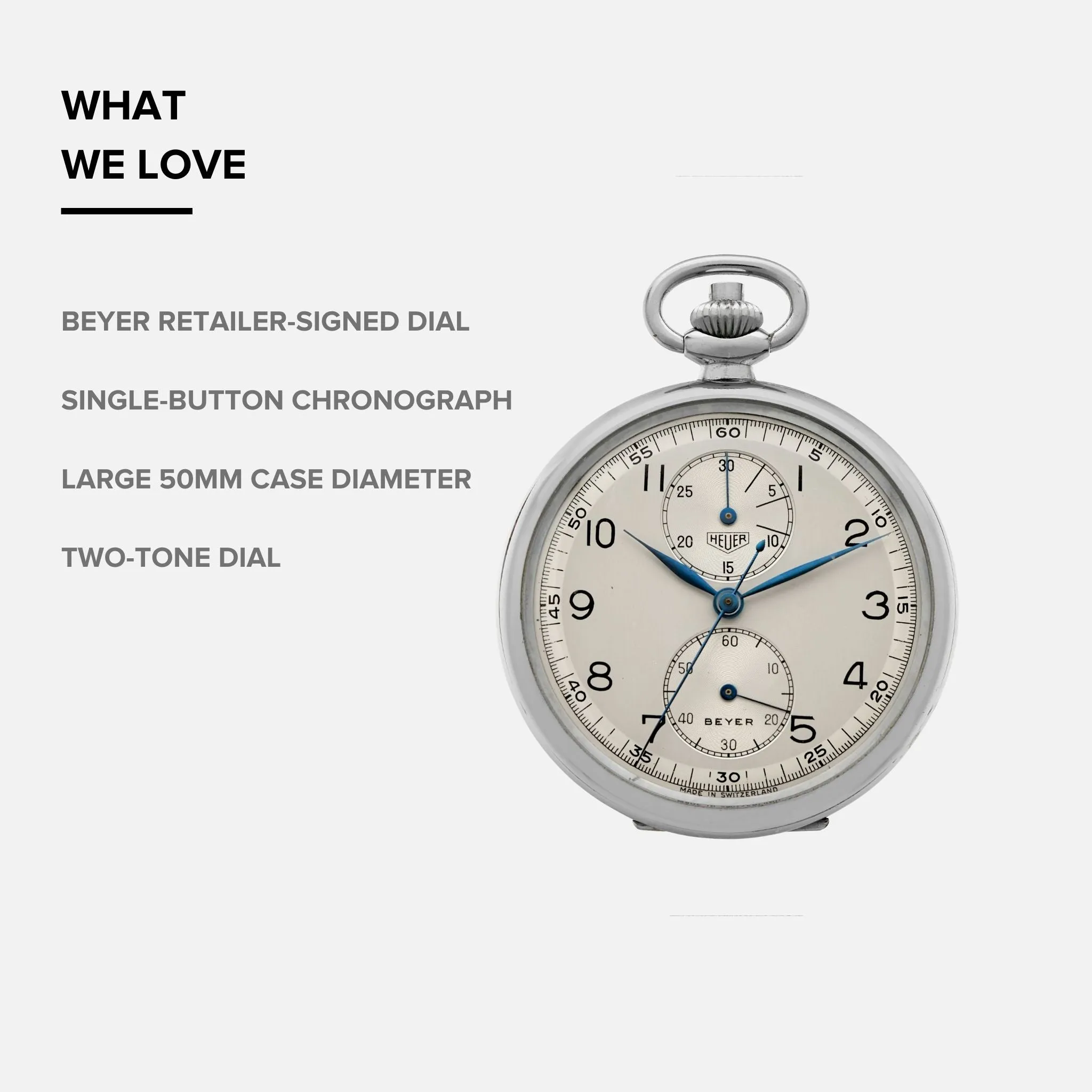 1940s Heuer Single-Button Chronograph Pocket Watch Retailed By Beyer