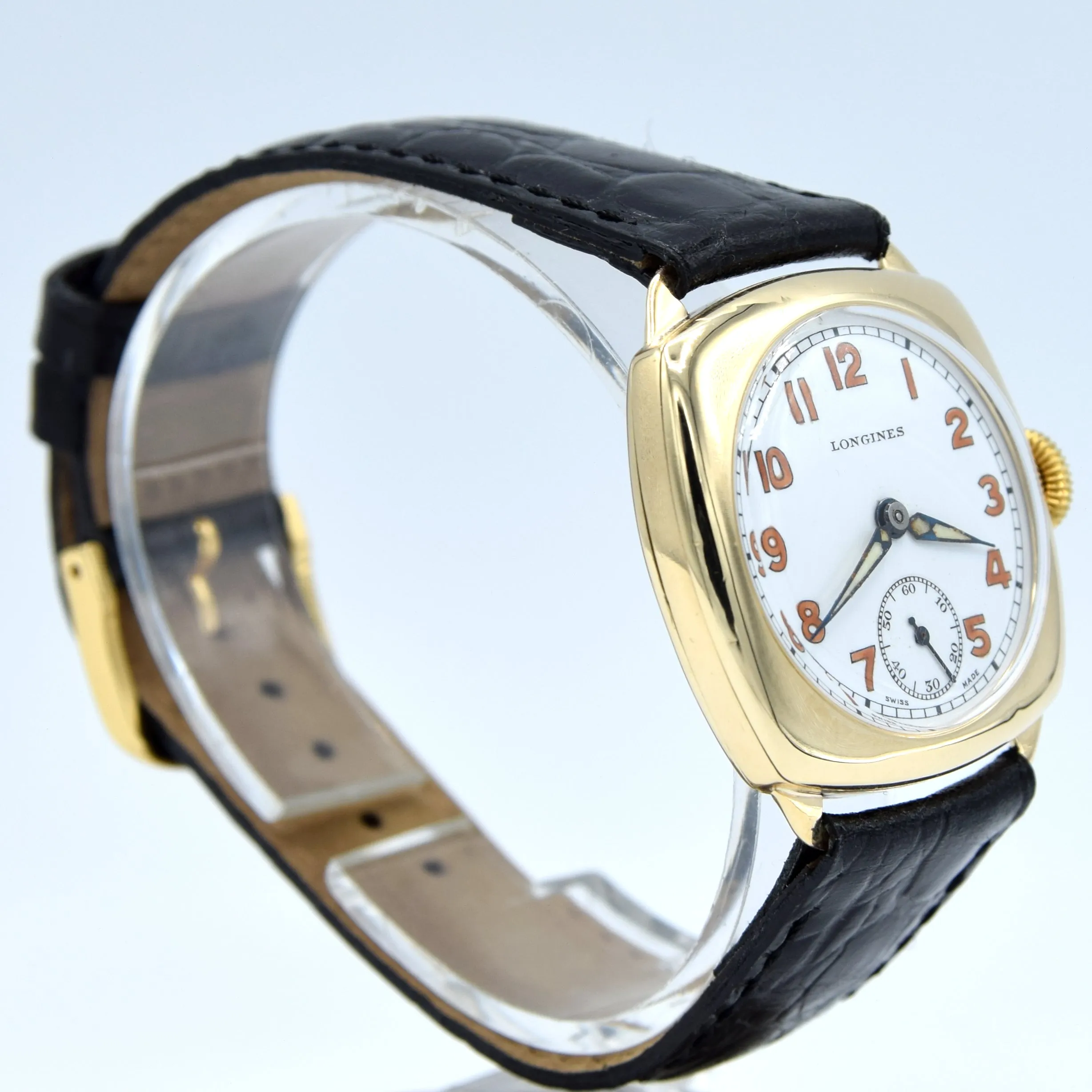 1942 Classic elegant Longines solid 9ct gold cushion Watch with Enamel Dial and Arabic Numerals