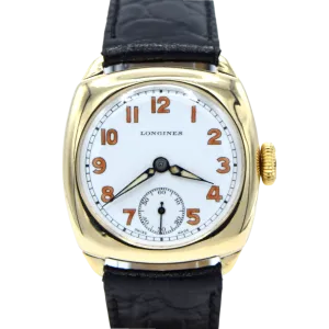 1942 Classic elegant Longines solid 9ct gold cushion Watch with Enamel Dial and Arabic Numerals
