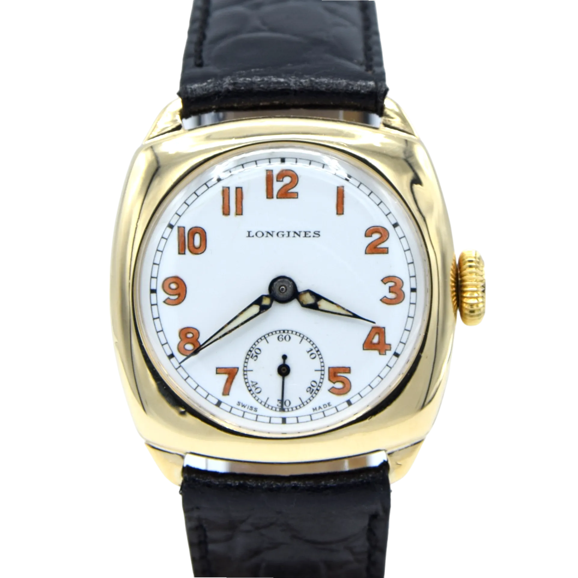 1942 Classic elegant Longines solid 9ct gold cushion Watch with Enamel Dial and Arabic Numerals