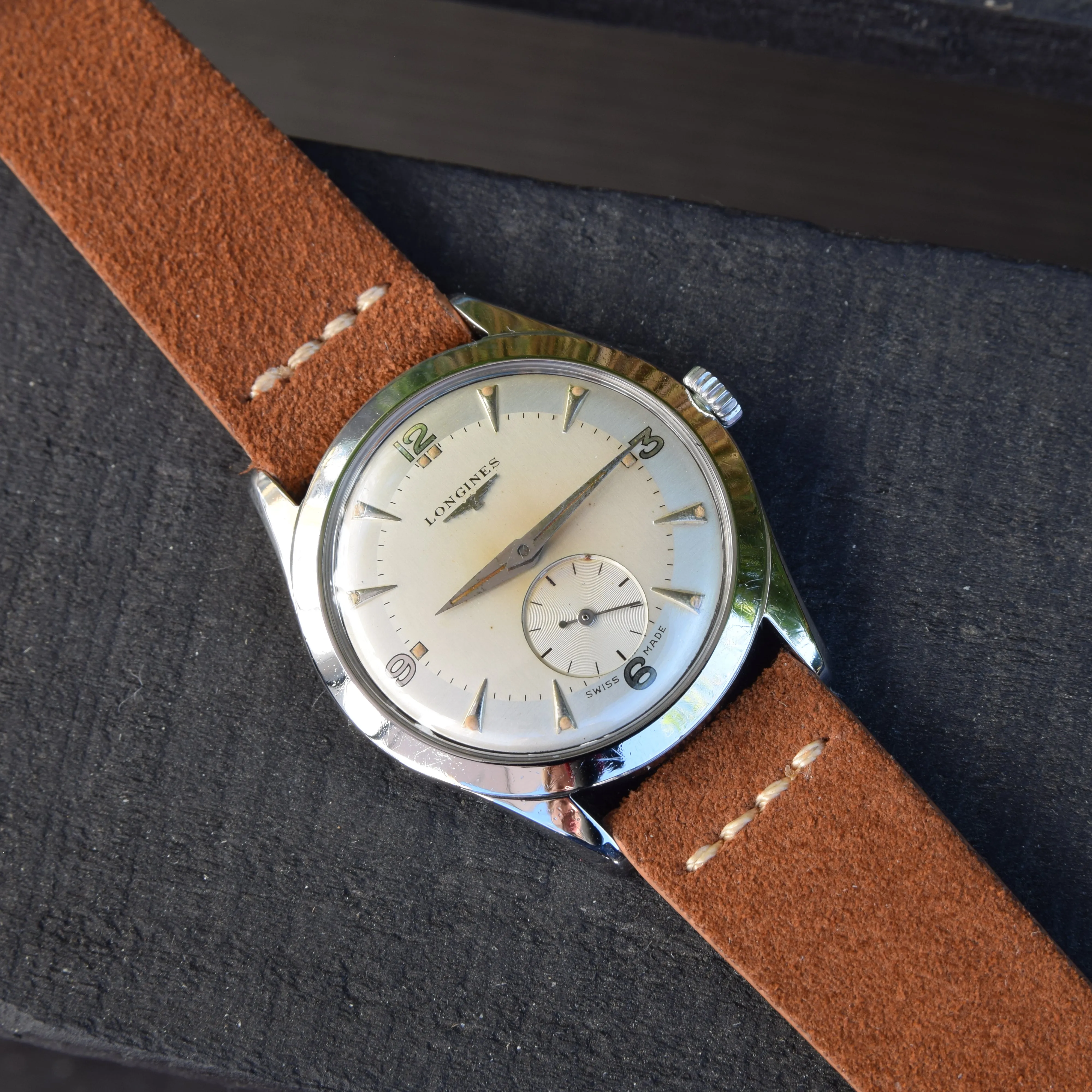1953 Longines Manual Wind Wristwatch Model 6402 with Gorgeous Original Two Tone Dial Cal 23z
