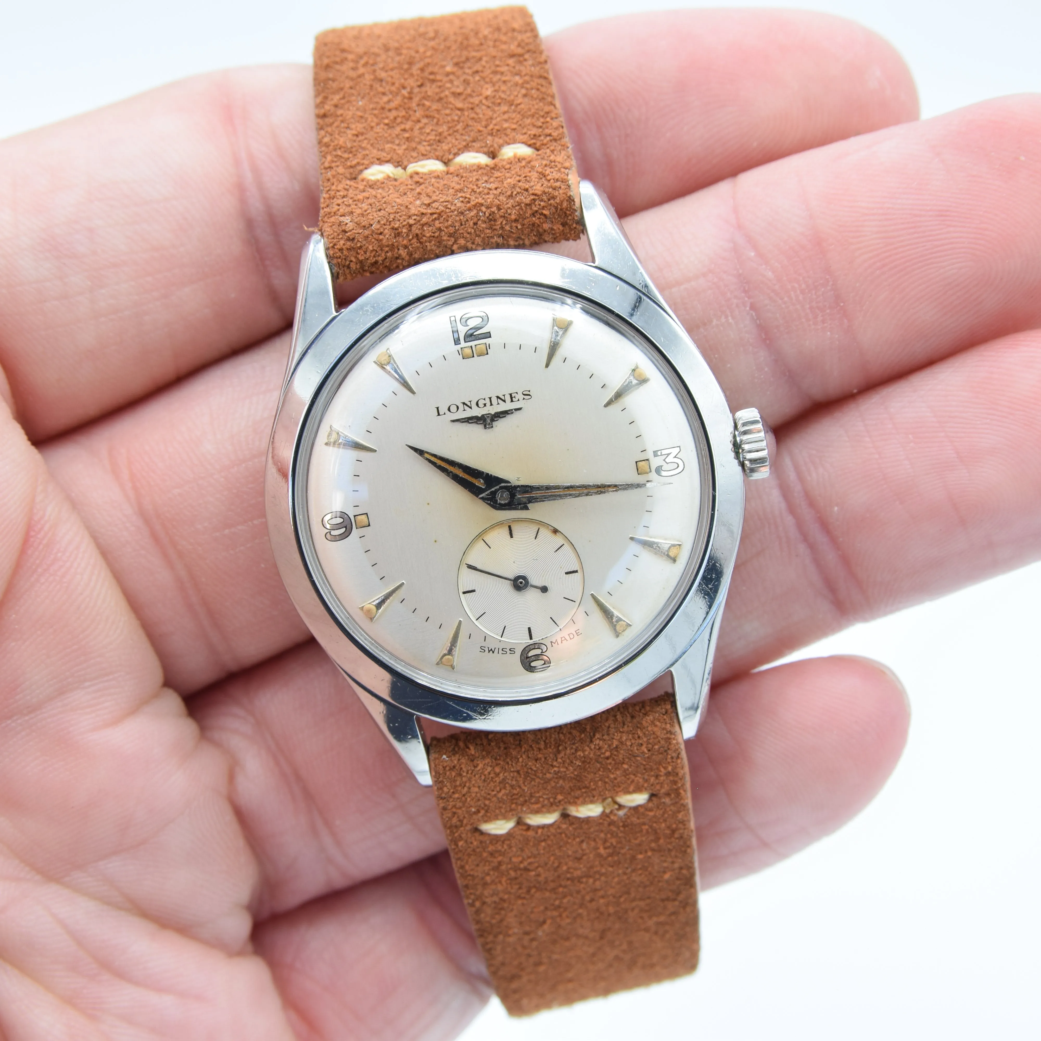 1953 Longines Manual Wind Wristwatch Model 6402 with Gorgeous Original Two Tone Dial Cal 23z