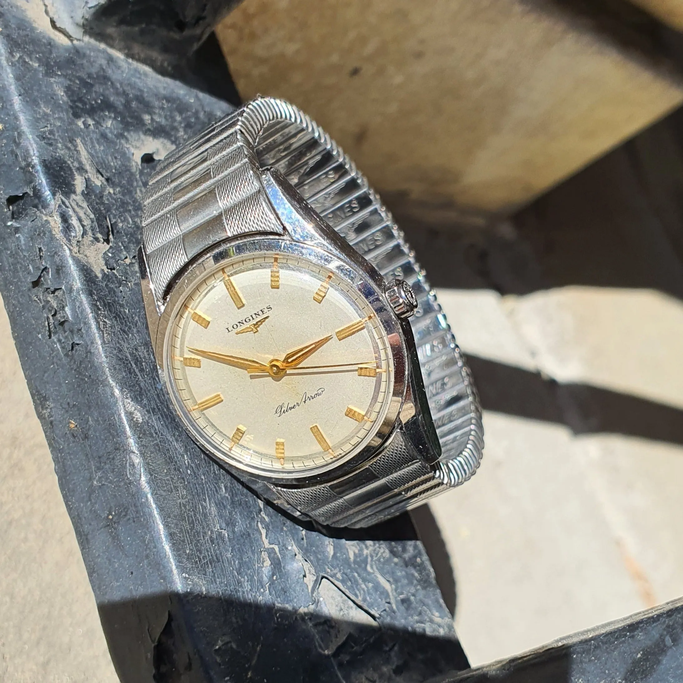 1957 Longines Silver Arrow Manual Wind in Stainless Steel on Rare Longines Fixoflex Bracelet Model 9100 & Archive Extract