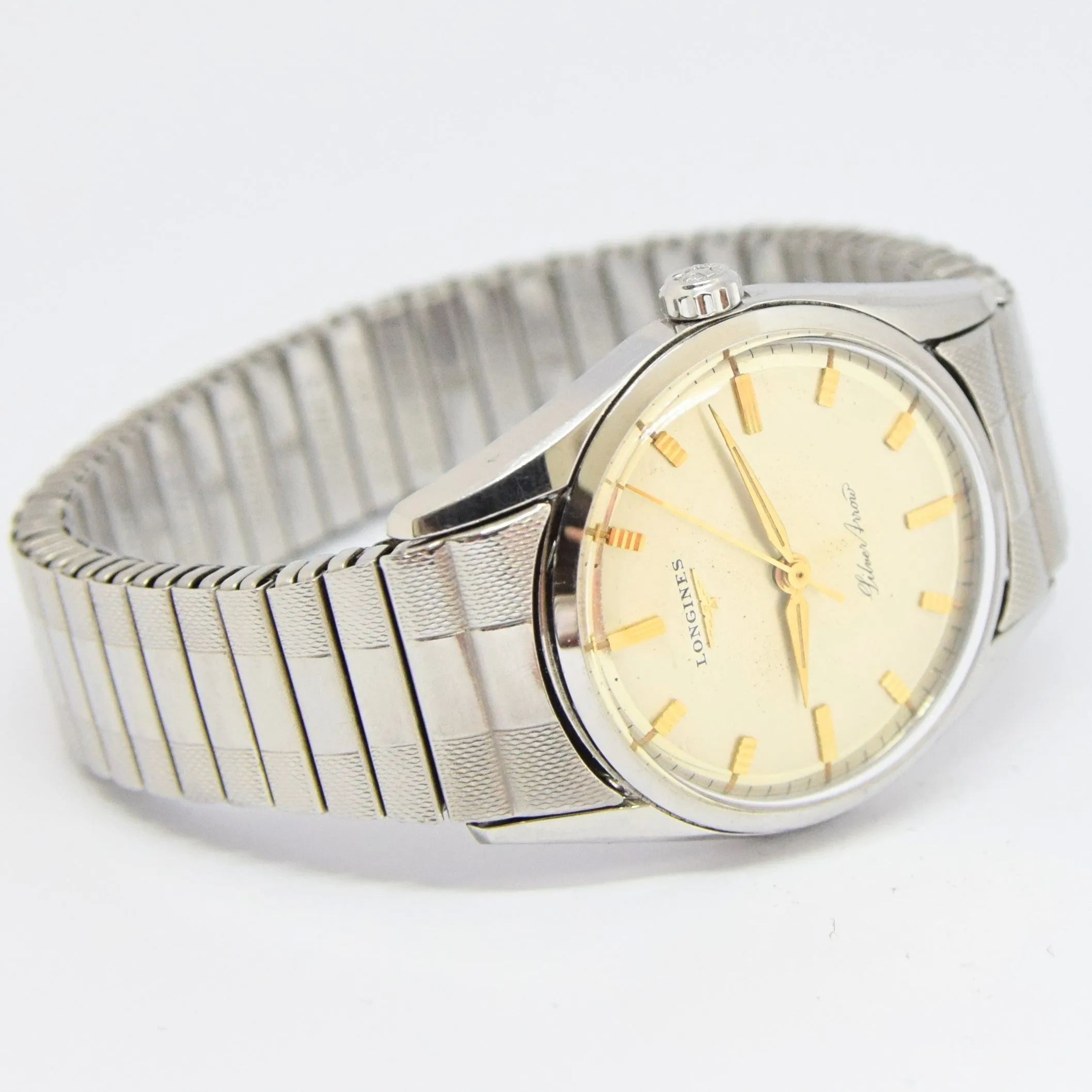 1957 Longines Silver Arrow Manual Wind in Stainless Steel on Rare Longines Fixoflex Bracelet Model 9100 & Archive Extract