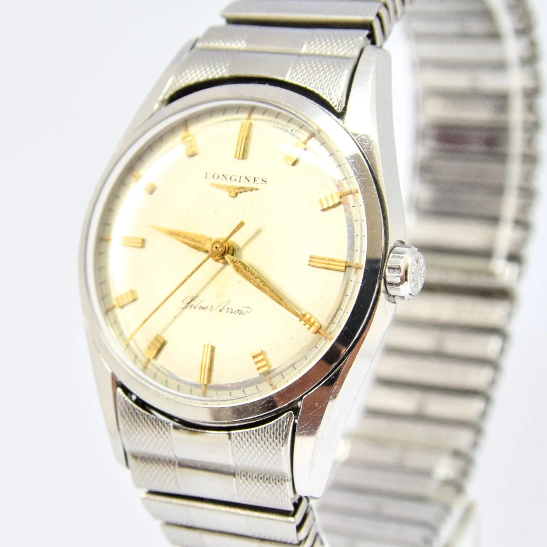 1957 Longines Silver Arrow Manual Wind in Stainless Steel on Rare Longines Fixoflex Bracelet Model 9100 & Archive Extract