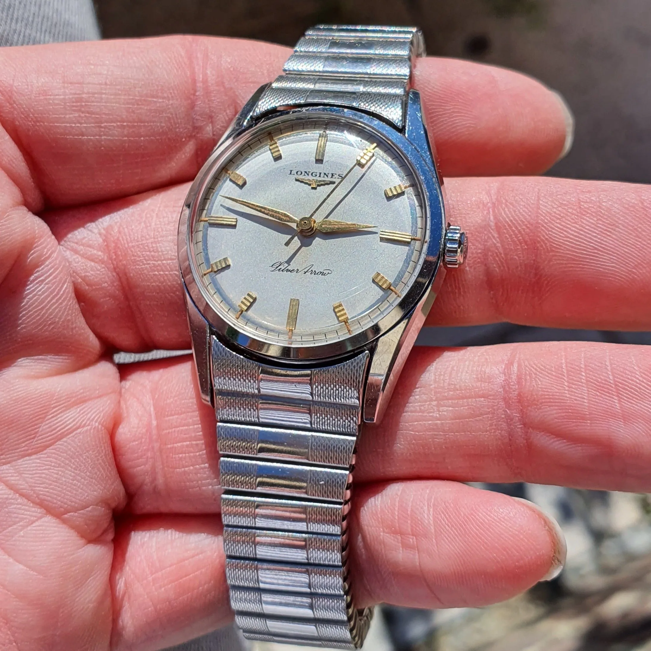 1957 Longines Silver Arrow Manual Wind in Stainless Steel on Rare Longines Fixoflex Bracelet Model 9100 & Archive Extract