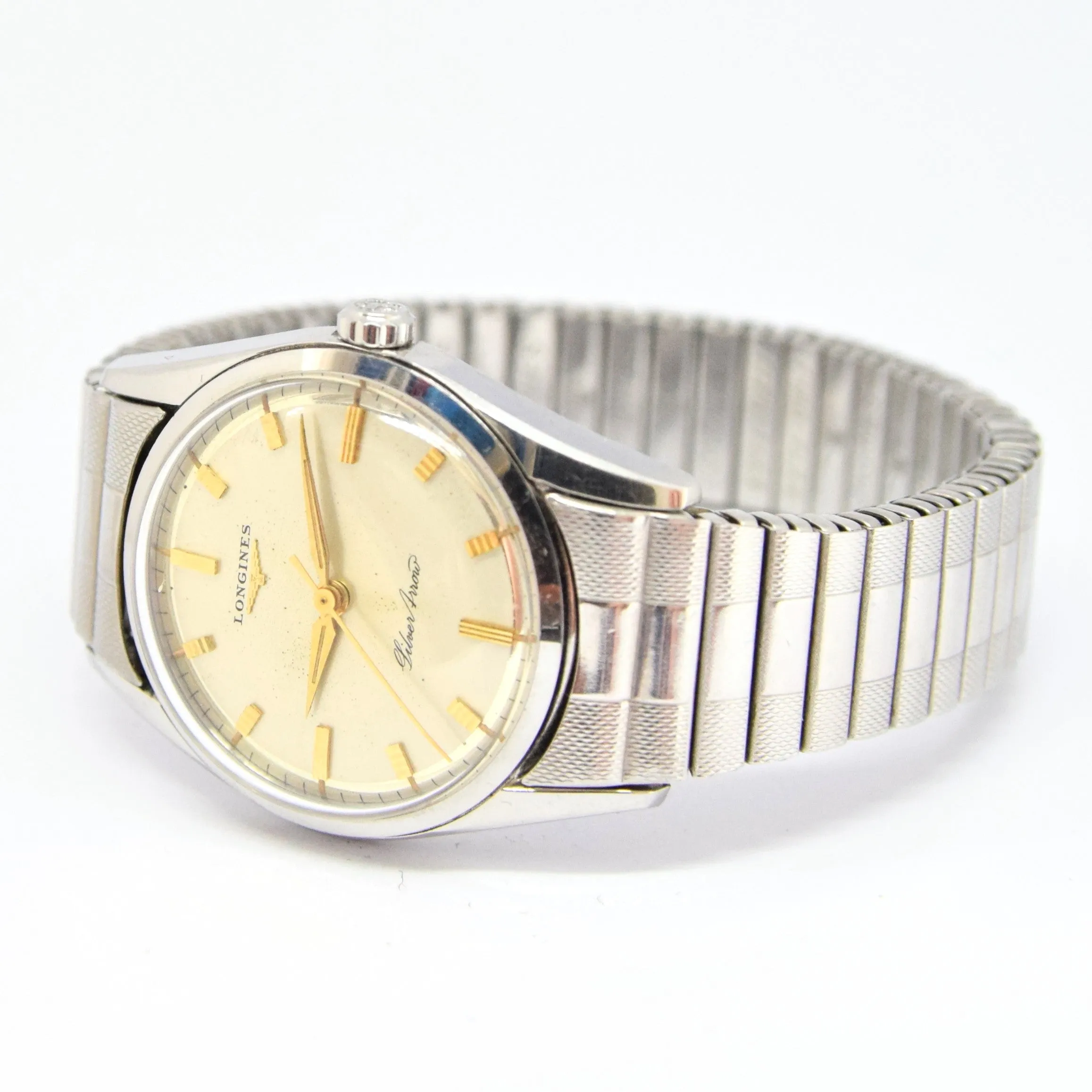 1957 Longines Silver Arrow Manual Wind in Stainless Steel on Rare Longines Fixoflex Bracelet Model 9100 & Archive Extract