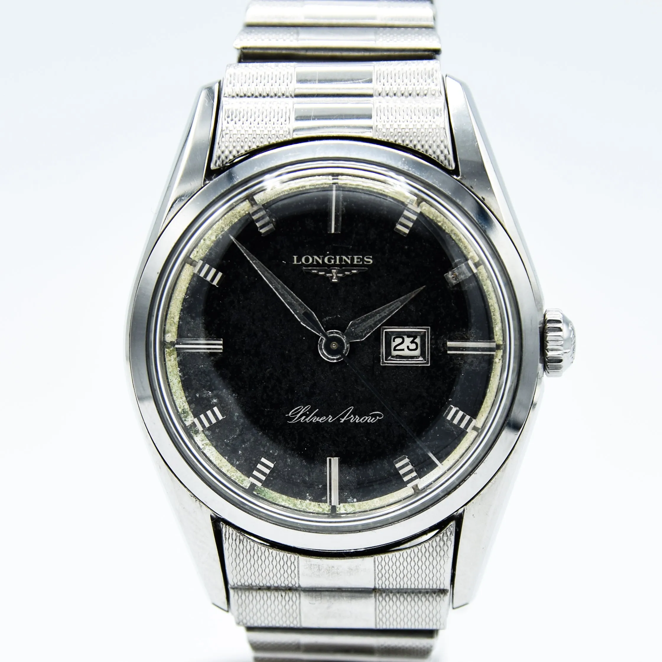 1958 Longines Silver Arrow Model 9104 with Tropicalised Black Dial in Stainless Steel on Rare Longines Fixoflex Bracelet & Archive Extract