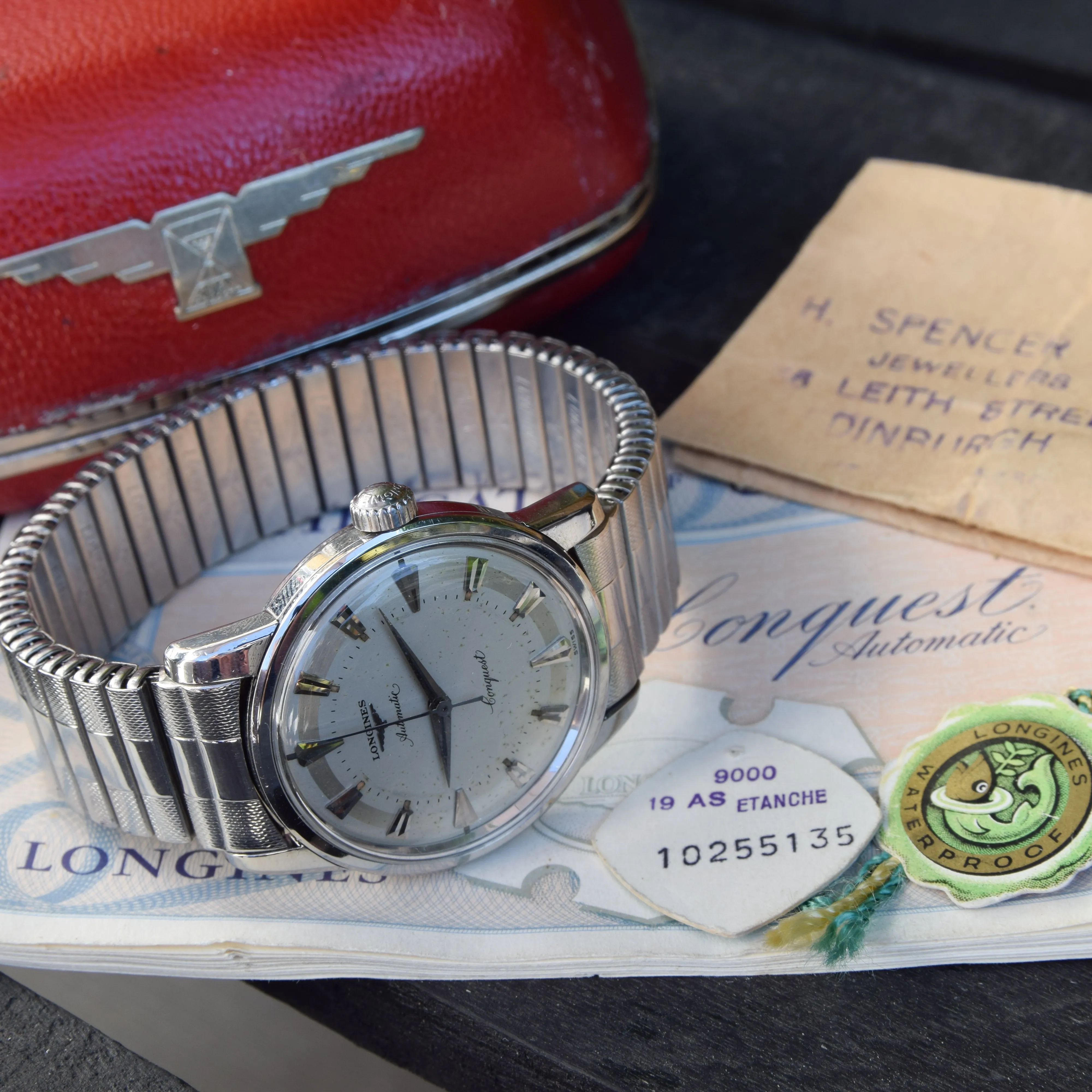 1959 Longines Conquest Model 9000 Full Set in Stainless Steel on Bracelet with Box and Papers & Tags