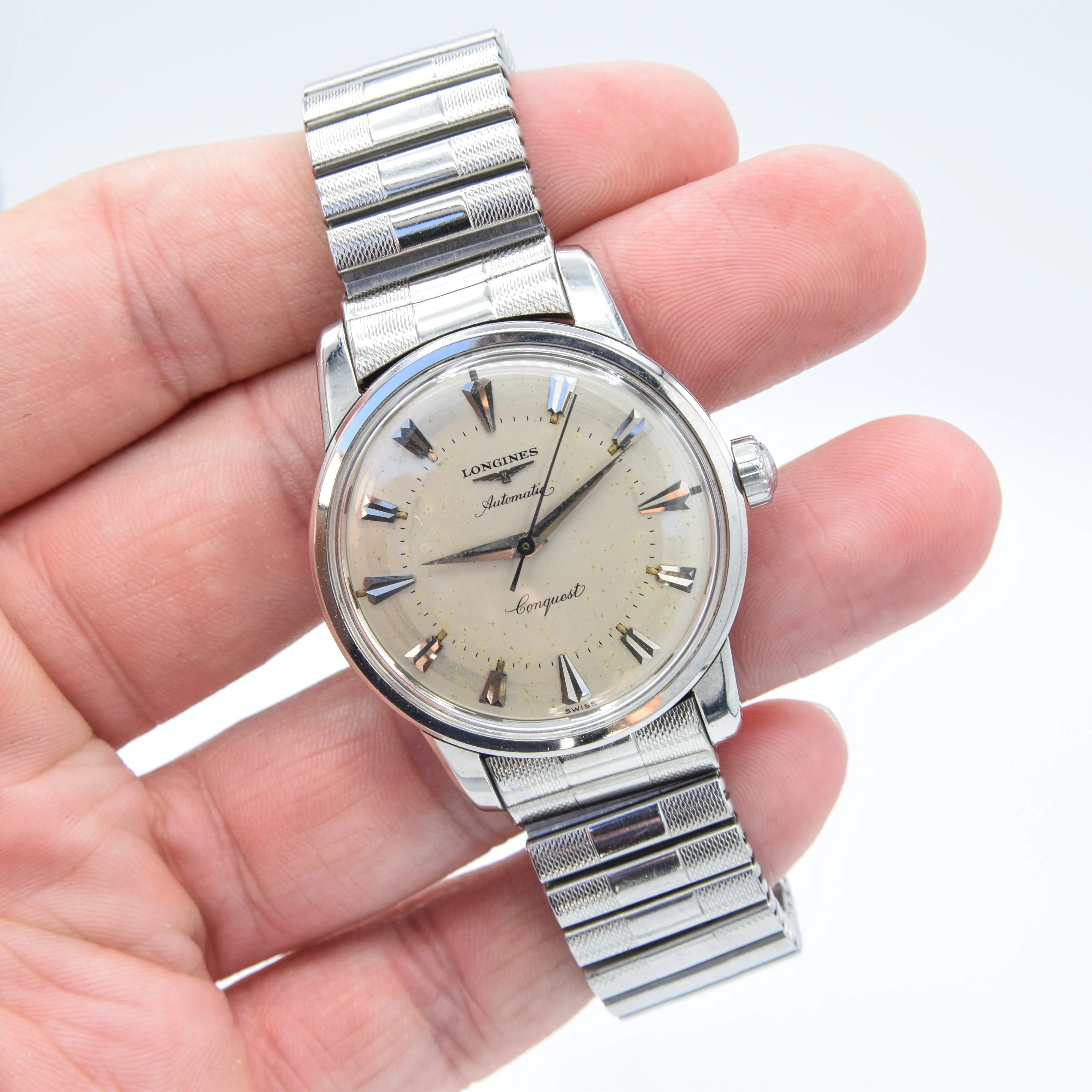 1959 Longines Conquest Model 9000 Full Set in Stainless Steel on Bracelet with Box and Papers & Tags