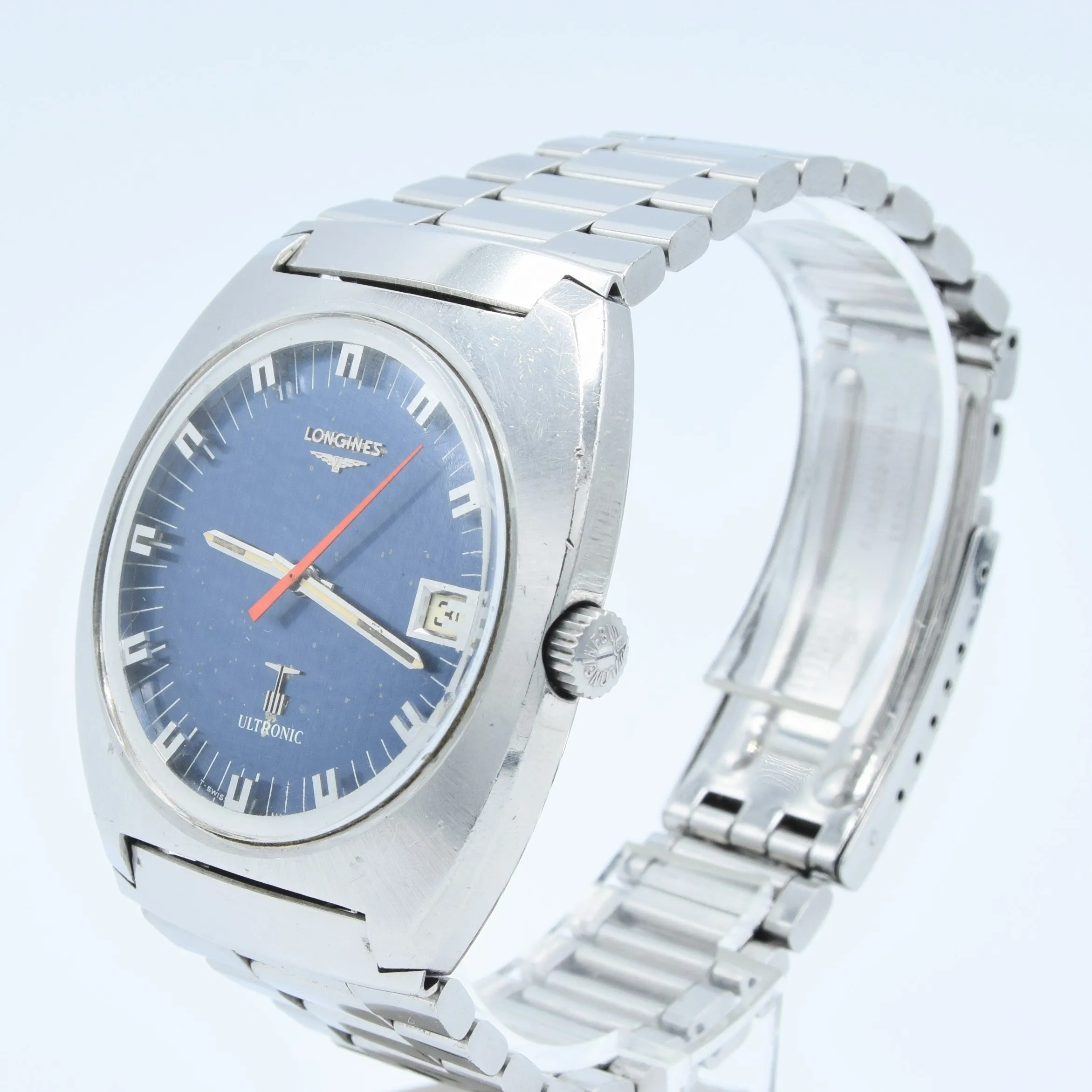 1976 Longines Large Ultronic Date Tonneau Wristwatch with Electric Blue Dial Model 8479 in Stainless Steel Case on Bracelet with Box