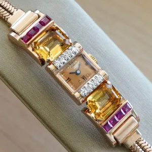 Art Deco Ladies' 14K Rose Gold Cocktail Watch Diamonds, Citrines, & Rubies Wristwatch by Pery