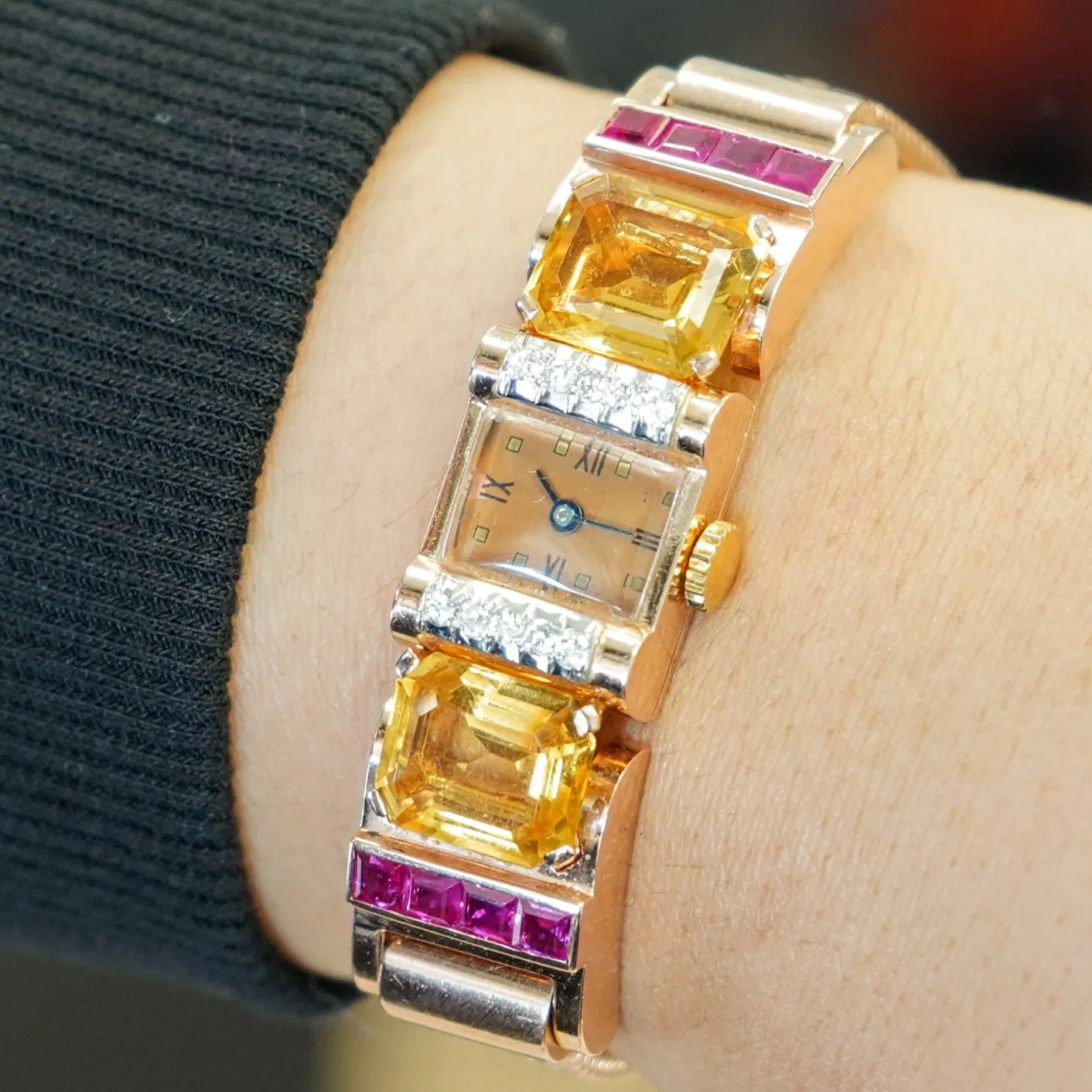 Art Deco Ladies' 14K Rose Gold Cocktail Watch Diamonds, Citrines, & Rubies Wristwatch by Pery