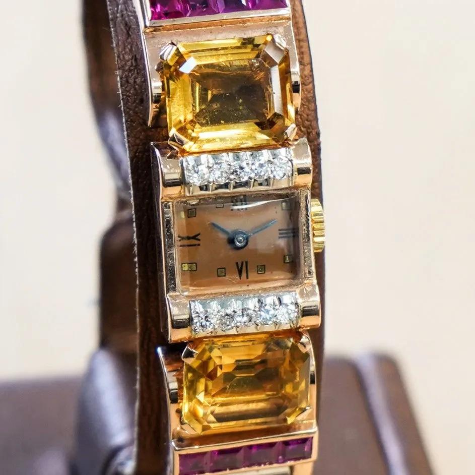 Art Deco Ladies' 14K Rose Gold Cocktail Watch Diamonds, Citrines, & Rubies Wristwatch by Pery