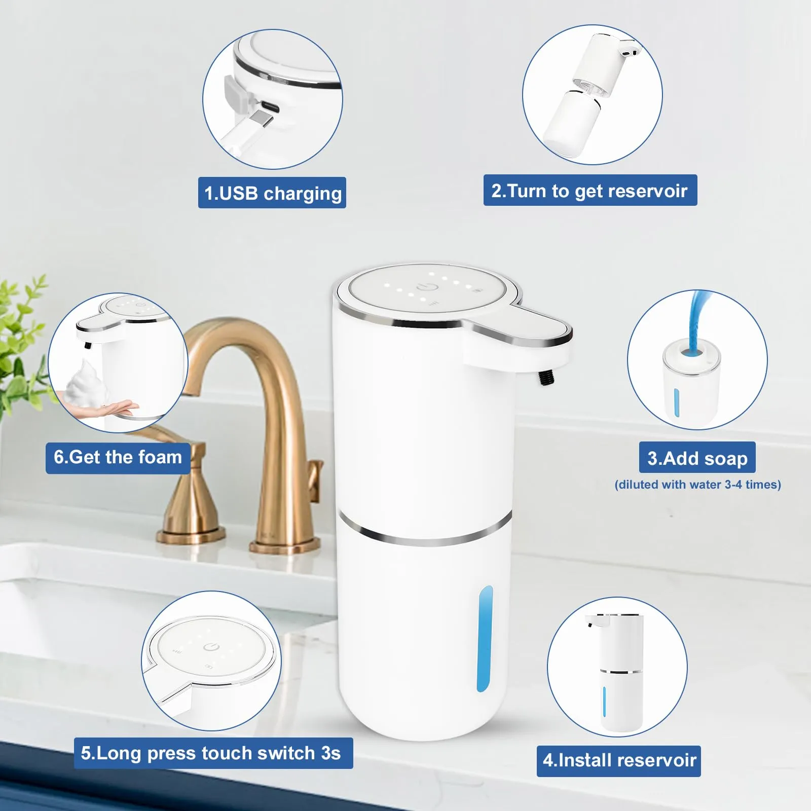 Automatic Soap Dispenser Touchless-Rechargeable,Foam soap Dispenser-4 Adjustable Levels,4 Power Indicators-13.4oz-Suitable for Kitchen and Bathroom