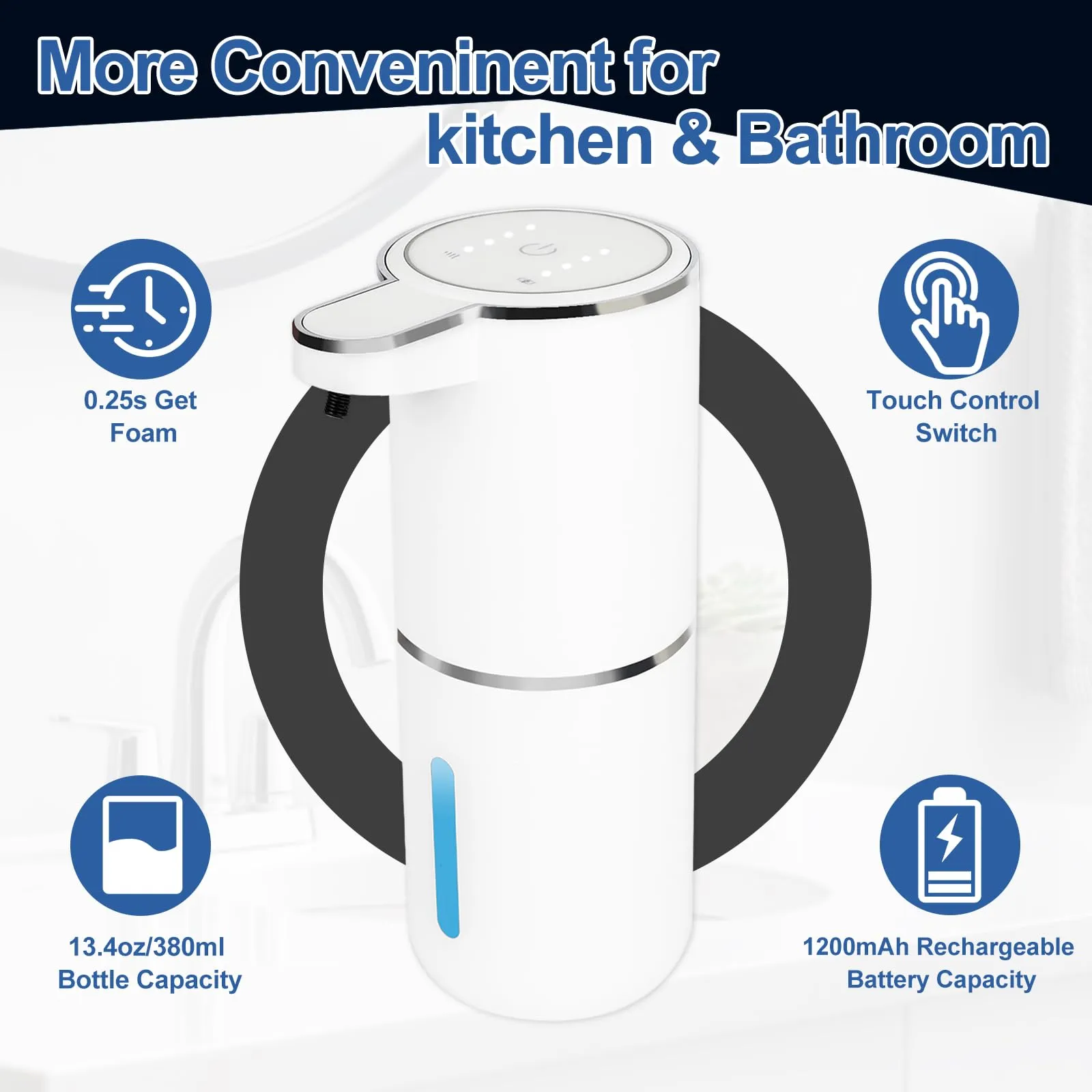 Automatic Soap Dispenser Touchless-Rechargeable,Foam soap Dispenser-4 Adjustable Levels,4 Power Indicators-13.4oz-Suitable for Kitchen and Bathroom