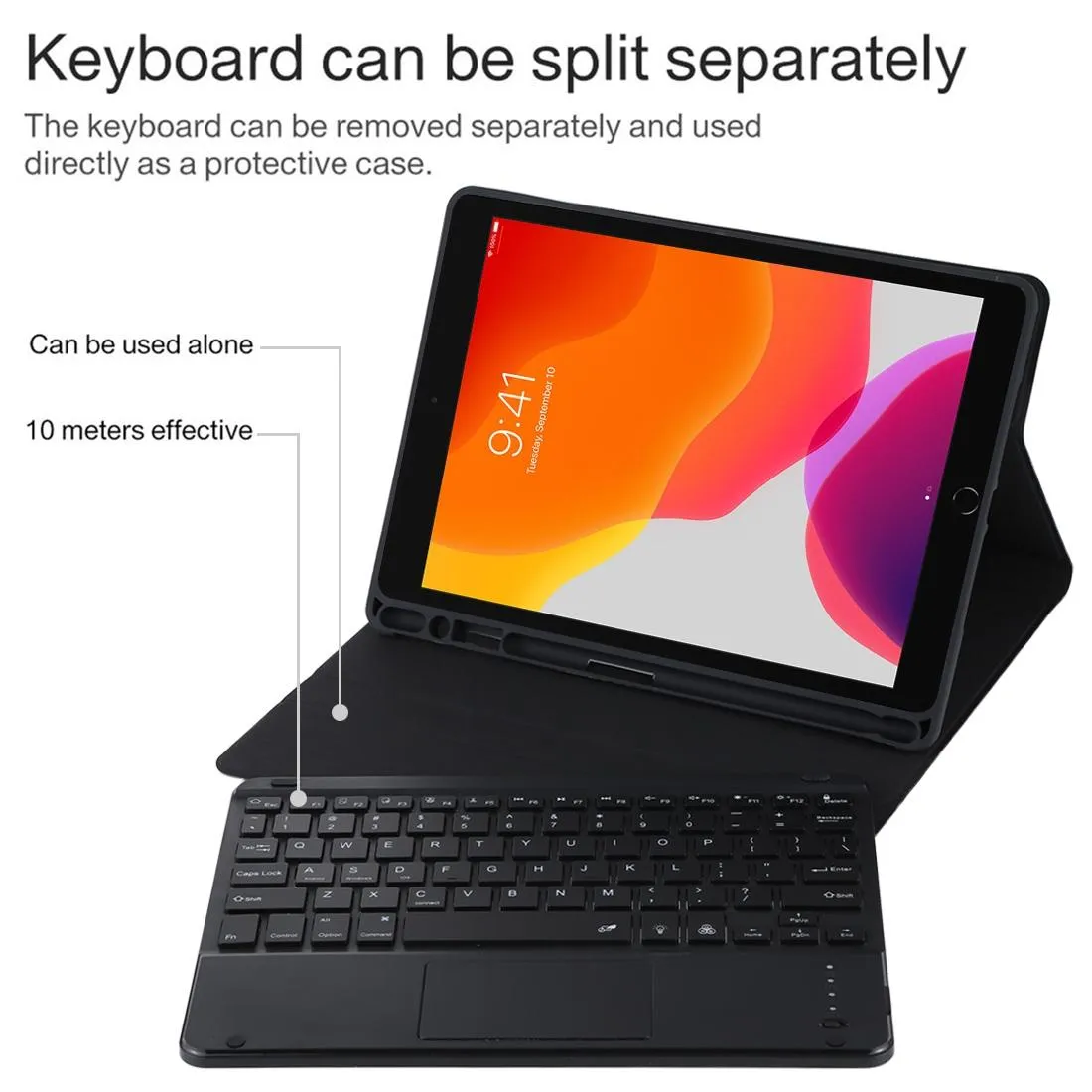 Bluetooth Tablet Case For Ipad 10.2 / Ipad Air 2019 With Touch Pad & Backlight & Pen Holder - Detachable Microfiber Leather