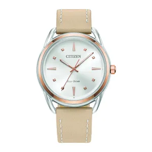 Citizen 36MM Round Dial and Beige Leather Strap Watch. FE7096-08A