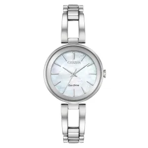 Citizen Eco-Drive Womens Silver Stainless Steel Band Mother Of Pearl Quartz Dial Watch - EM0630-51D