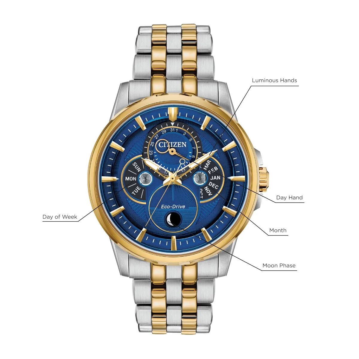 Citizen Moonphase Watch with 44MM Blue Dial and Two-Tone Stainless Steel Bracelet. BU0054-52L