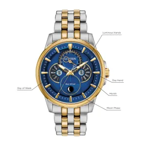 Citizen Moonphase Watch with 44MM Blue Dial and Two-Tone Stainless Steel Bracelet. BU0054-52L