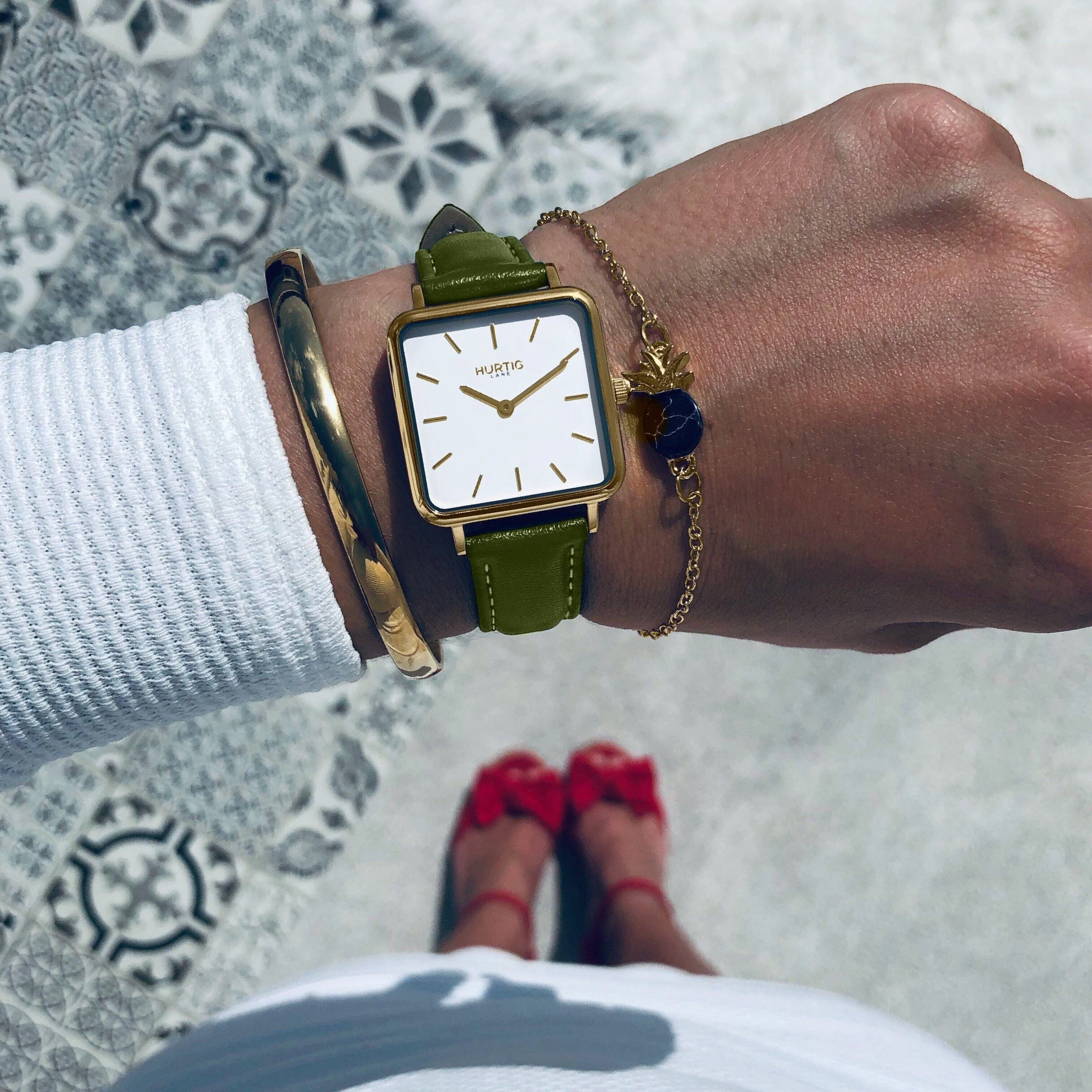 Neliö Square CACTUS Leather Watch Gold, White & Green