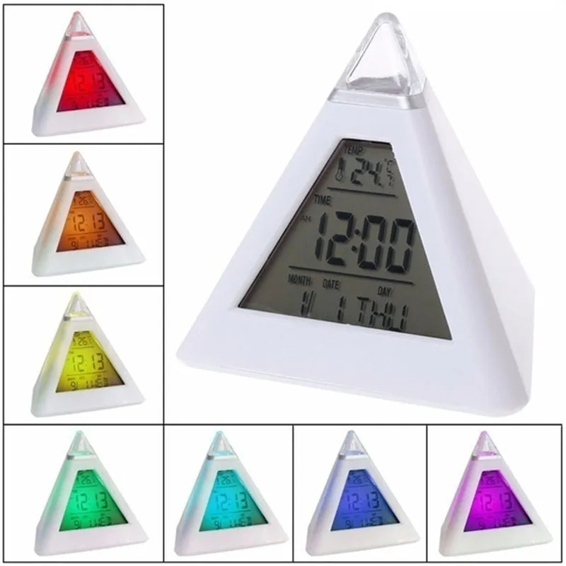 Pyramid LCD Alarm Table Clock Thermometer Digital Table Clock 7 Colors Backlight Changeable Led Clock Home Night Light
