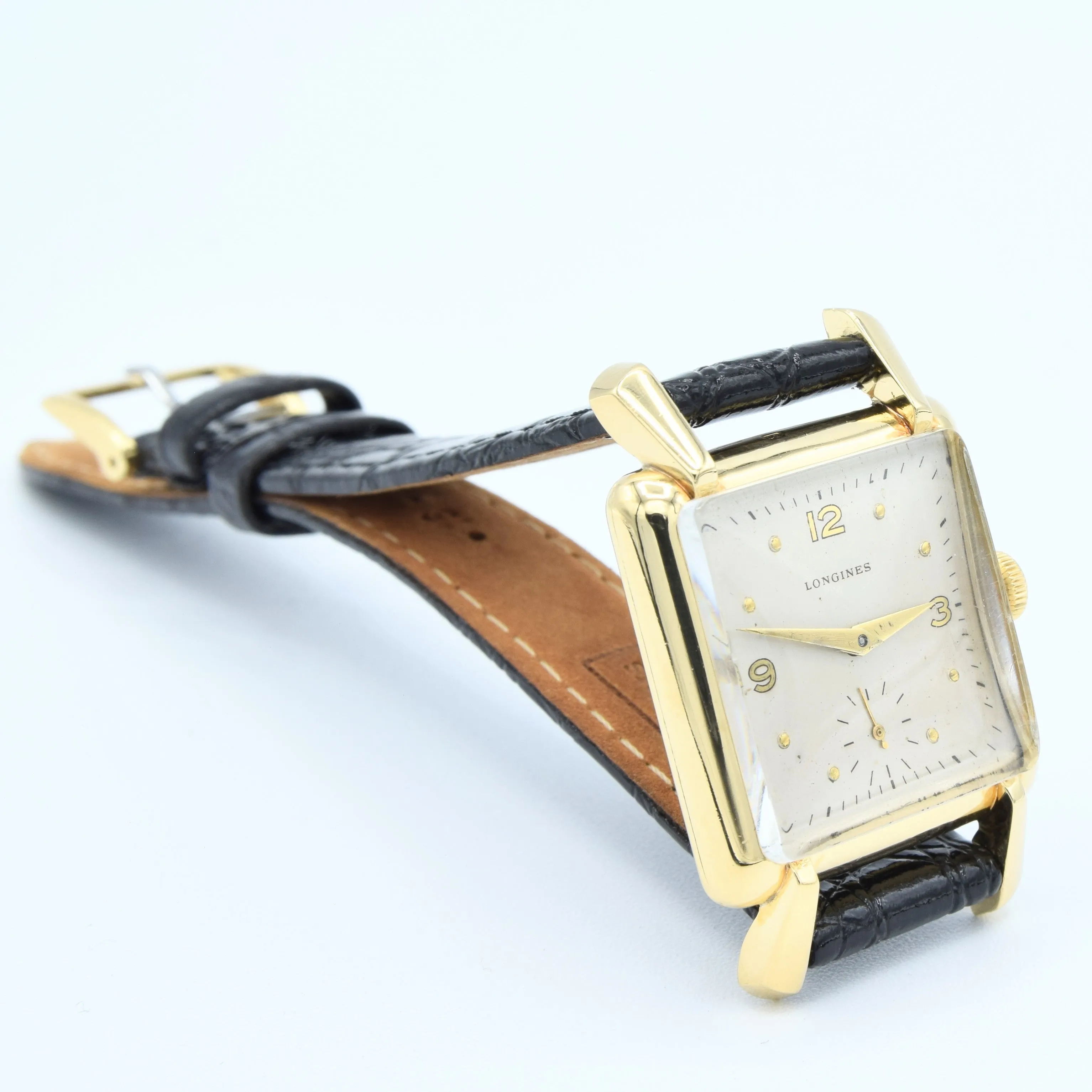 (RESERVED)1949 Longines Solid 18ct Gold Square Dress Watch with Scalloped Lugs and Mixed Dot and Arabic Numerals
