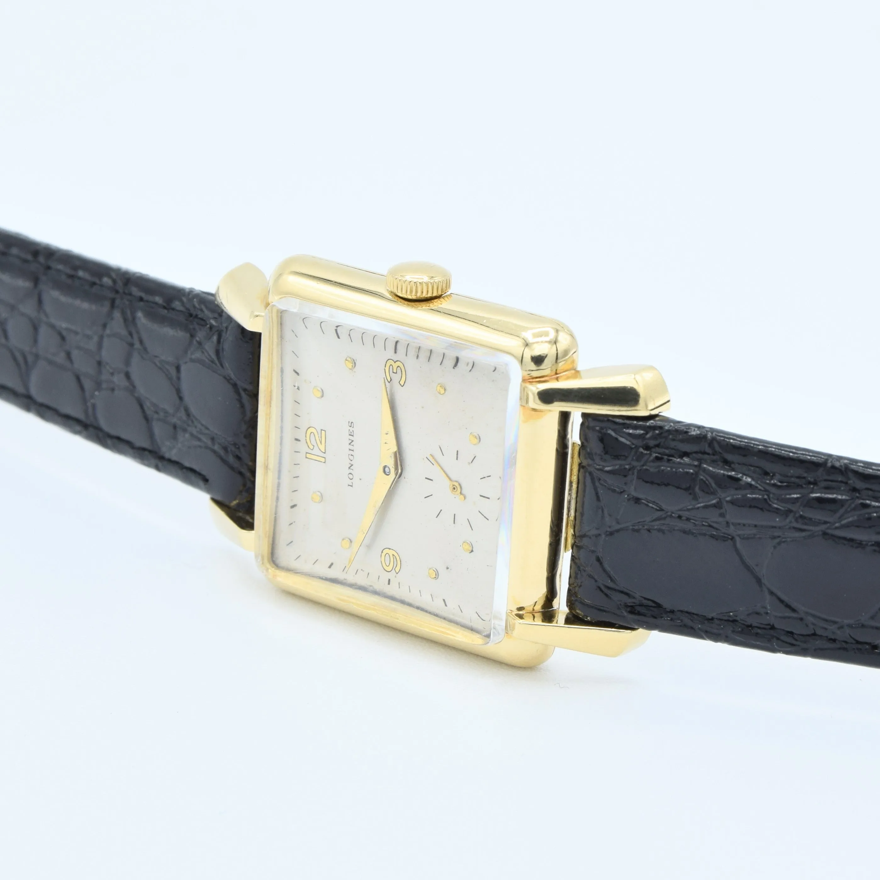 (RESERVED)1949 Longines Solid 18ct Gold Square Dress Watch with Scalloped Lugs and Mixed Dot and Arabic Numerals