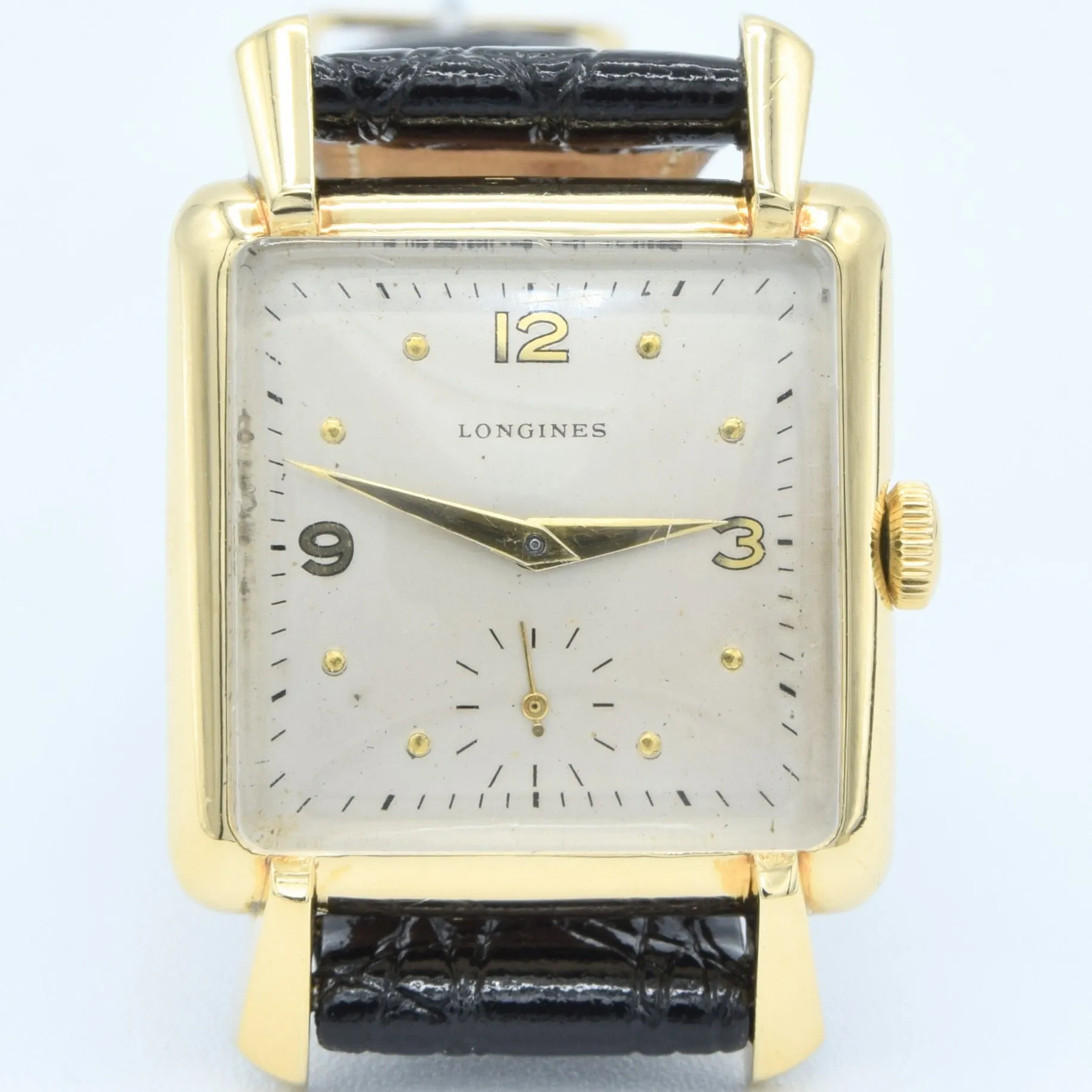 (RESERVED)1949 Longines Solid 18ct Gold Square Dress Watch with Scalloped Lugs and Mixed Dot and Arabic Numerals