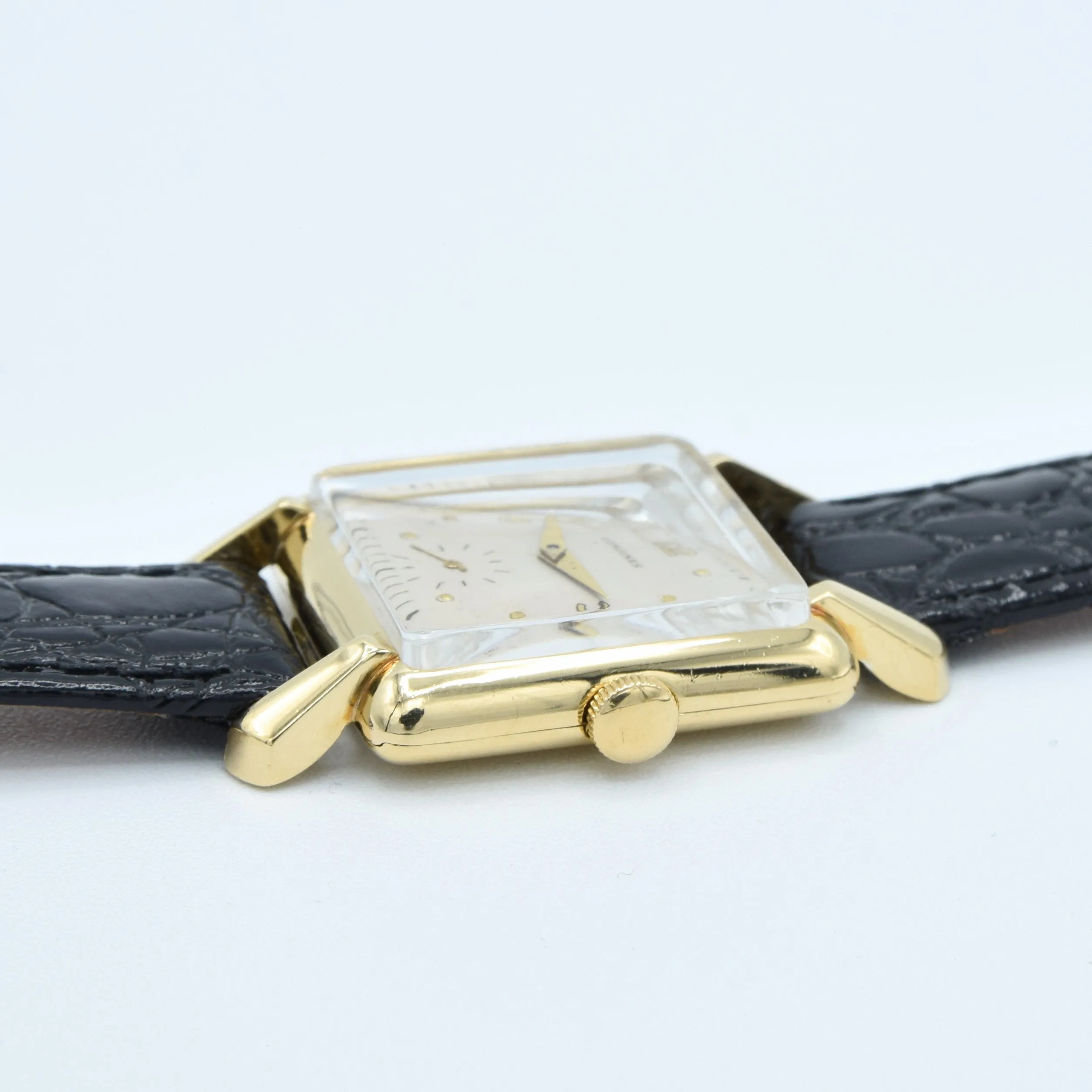 (RESERVED)1949 Longines Solid 18ct Gold Square Dress Watch with Scalloped Lugs and Mixed Dot and Arabic Numerals
