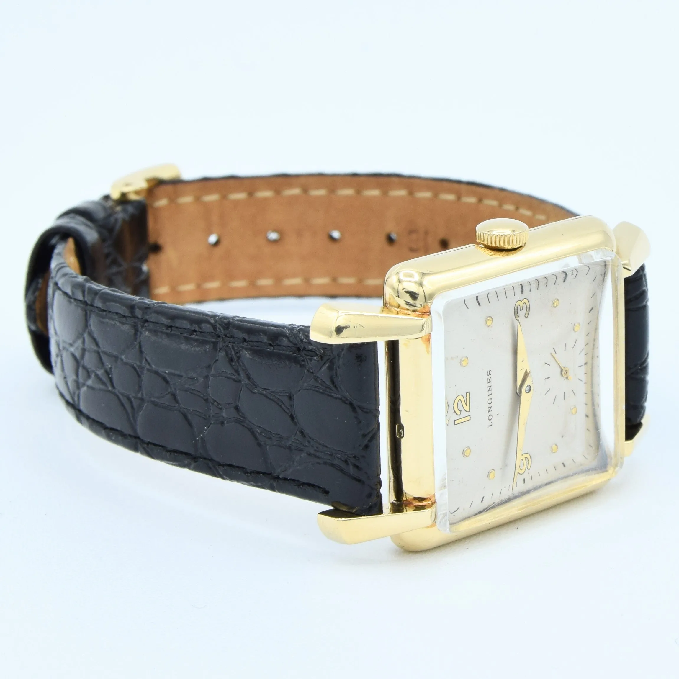 (RESERVED)1949 Longines Solid 18ct Gold Square Dress Watch with Scalloped Lugs and Mixed Dot and Arabic Numerals