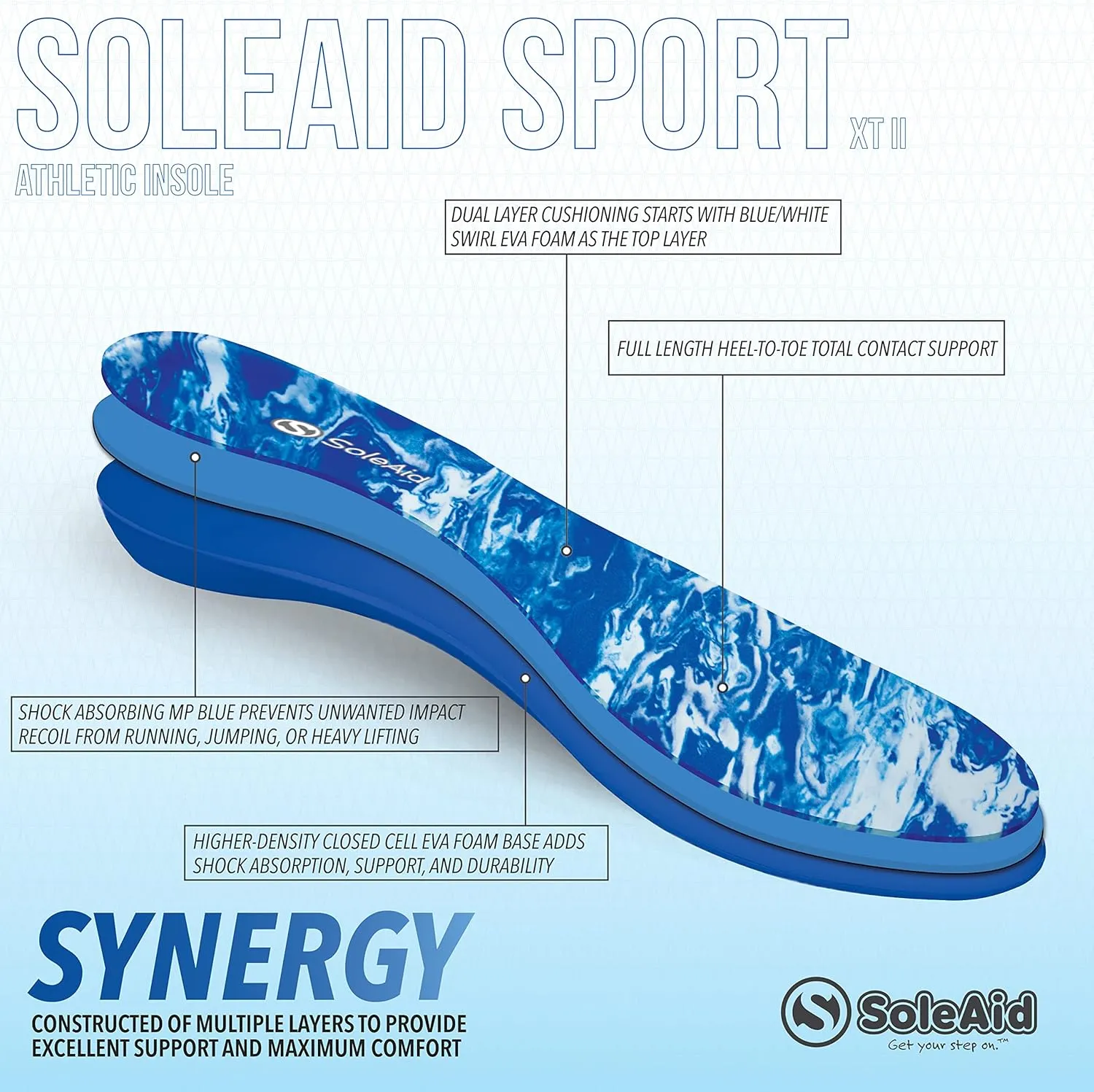 SoleAid Sport XTII, 3-Layer Athletic Insoles - Light Weight, Soft, High Rebound, Shock Absorbing, Anti-Friction, Accommodative Foot Support (Men - / Women 5-6)
