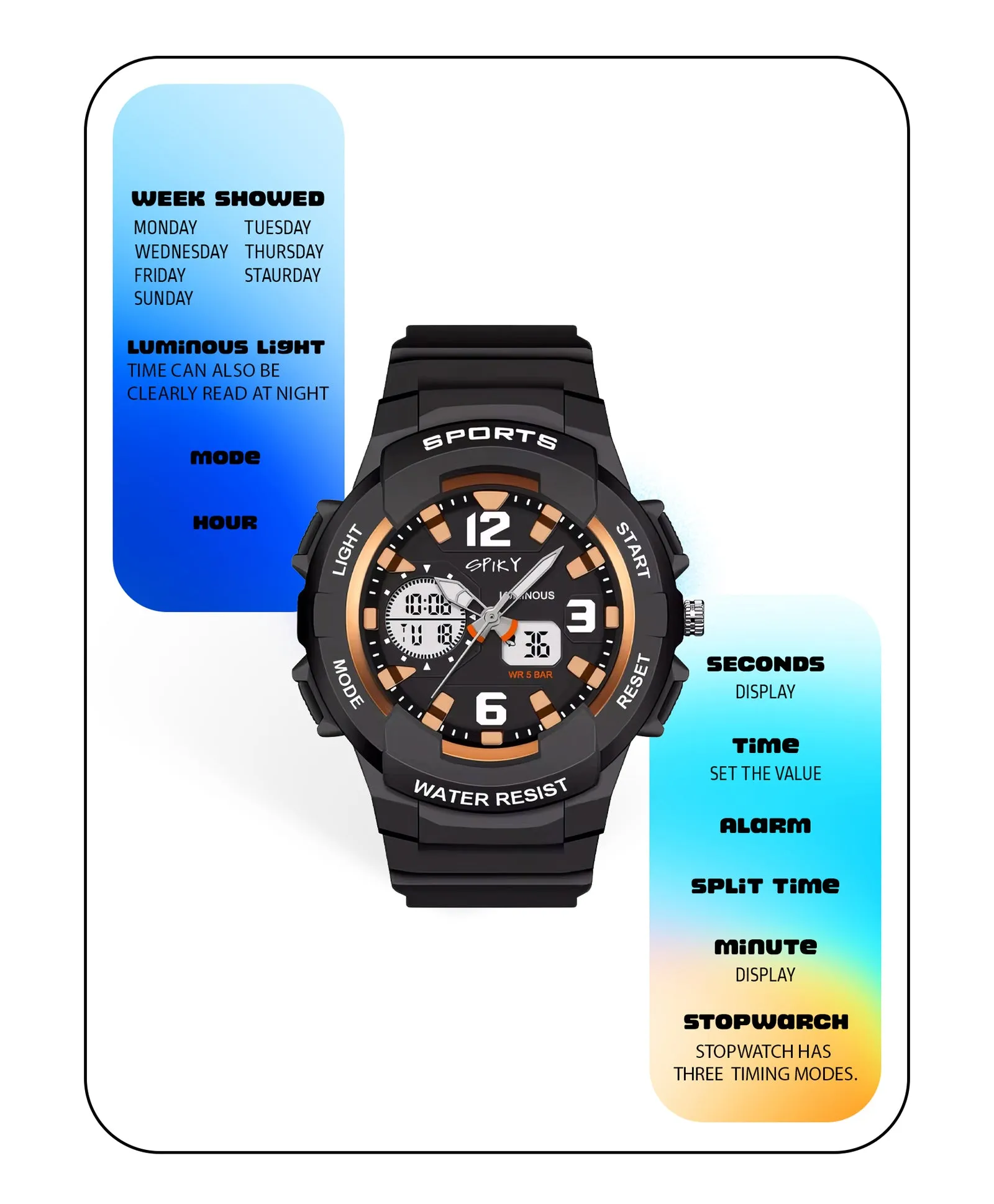 Spiky Analog & Digital Sporty Watch - Blue