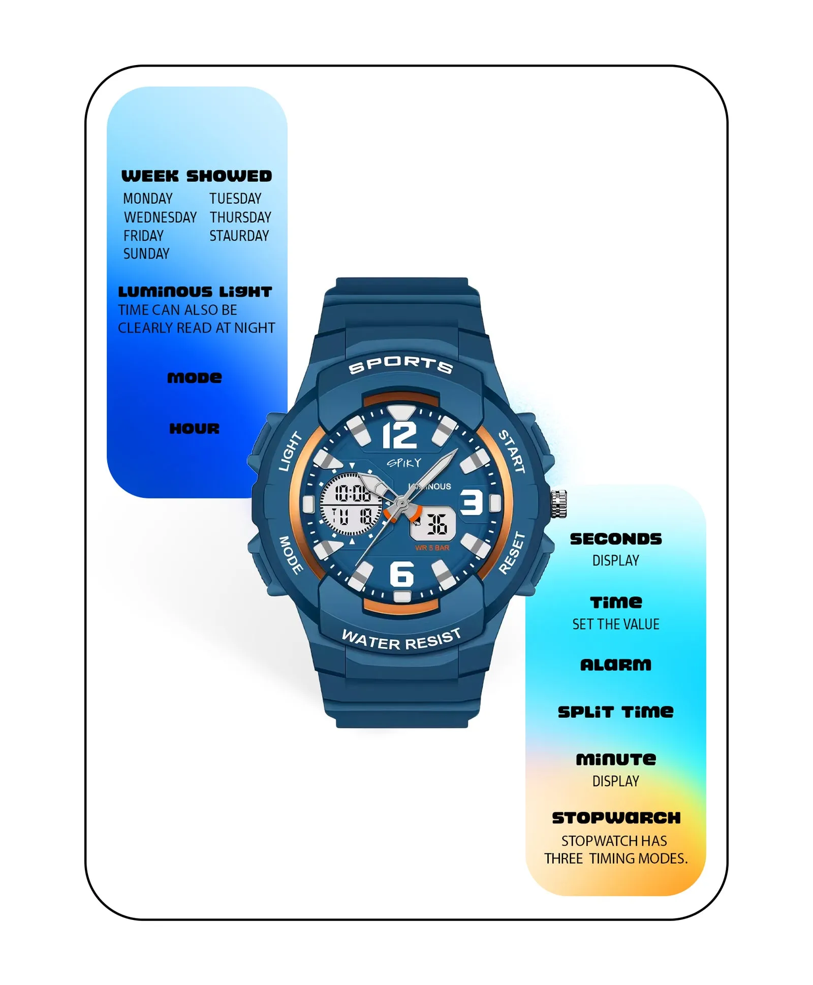 Spiky Analog & Digital Sporty Watch - Blue