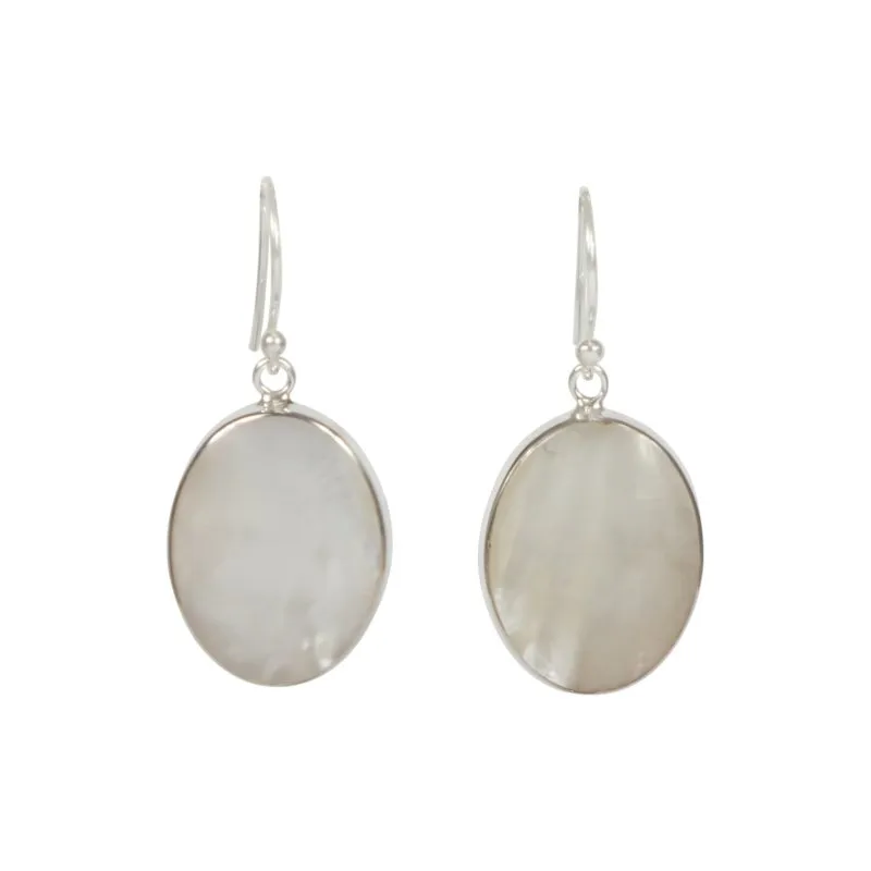 Sundari Jewellery Elegant Shell and Coral Oval Dangle Earrings Set Into Sterling Silver