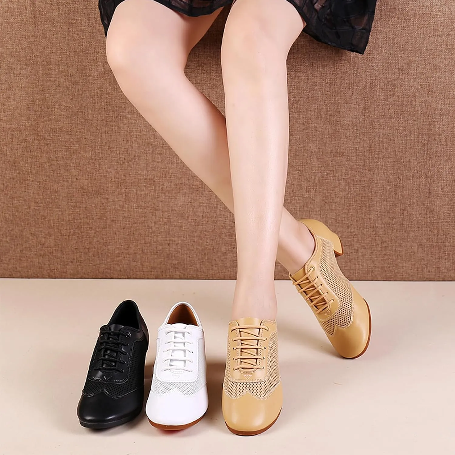 SWDZM Breathable Women Ballroom Practice Dance Shoes Closed Toe Lace up Latin Dance Teaching Shoes