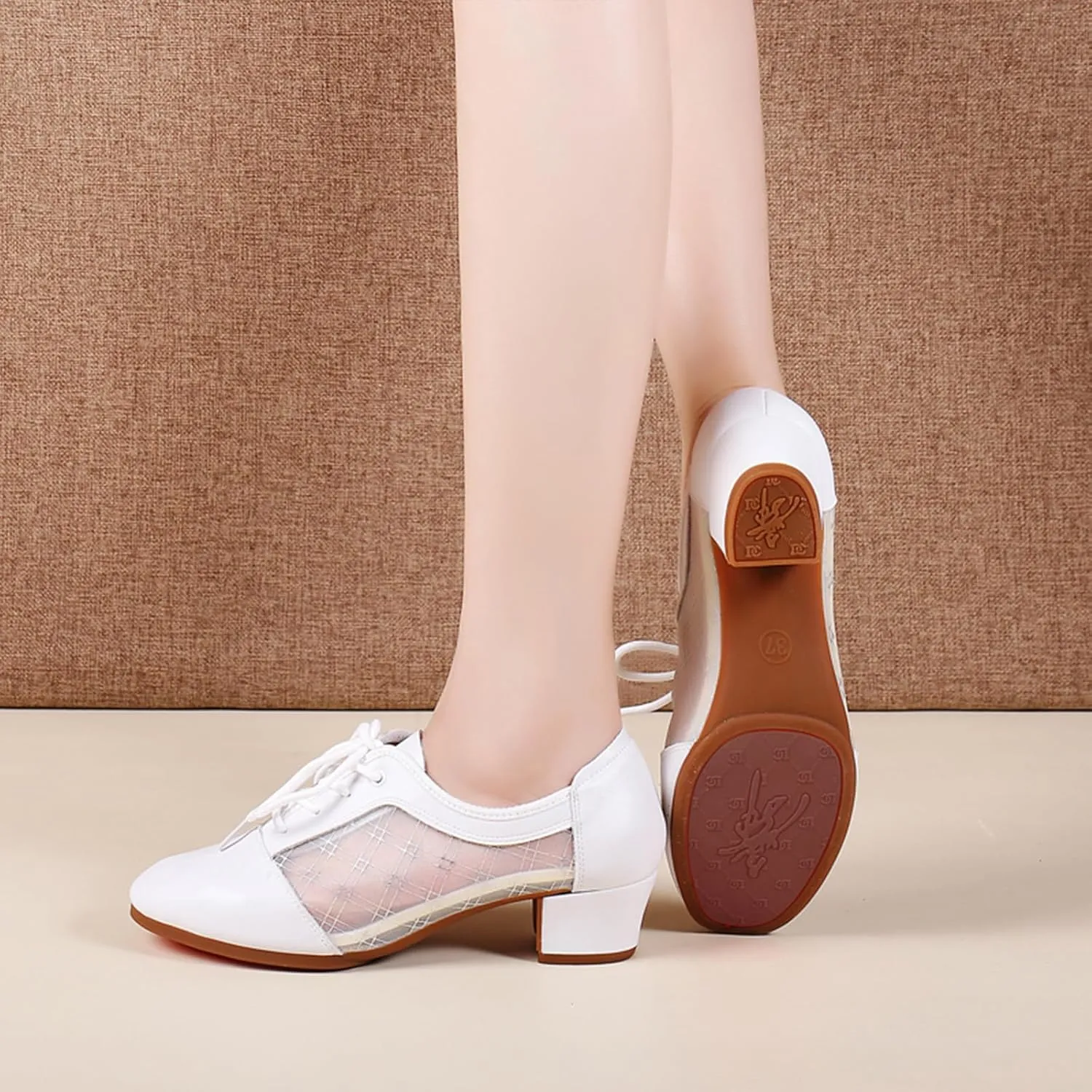 SWDZM Leather Ballroom Dance Practice Shoes for Women Lace-up Teaching Rhythm Dance Shoes with Mesh