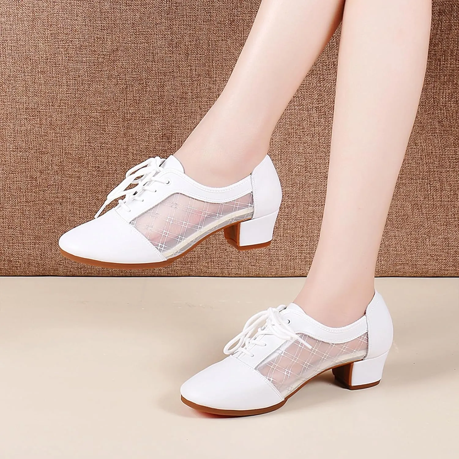 SWDZM Leather Ballroom Dance Practice Shoes for Women Lace-up Teaching Rhythm Dance Shoes with Mesh