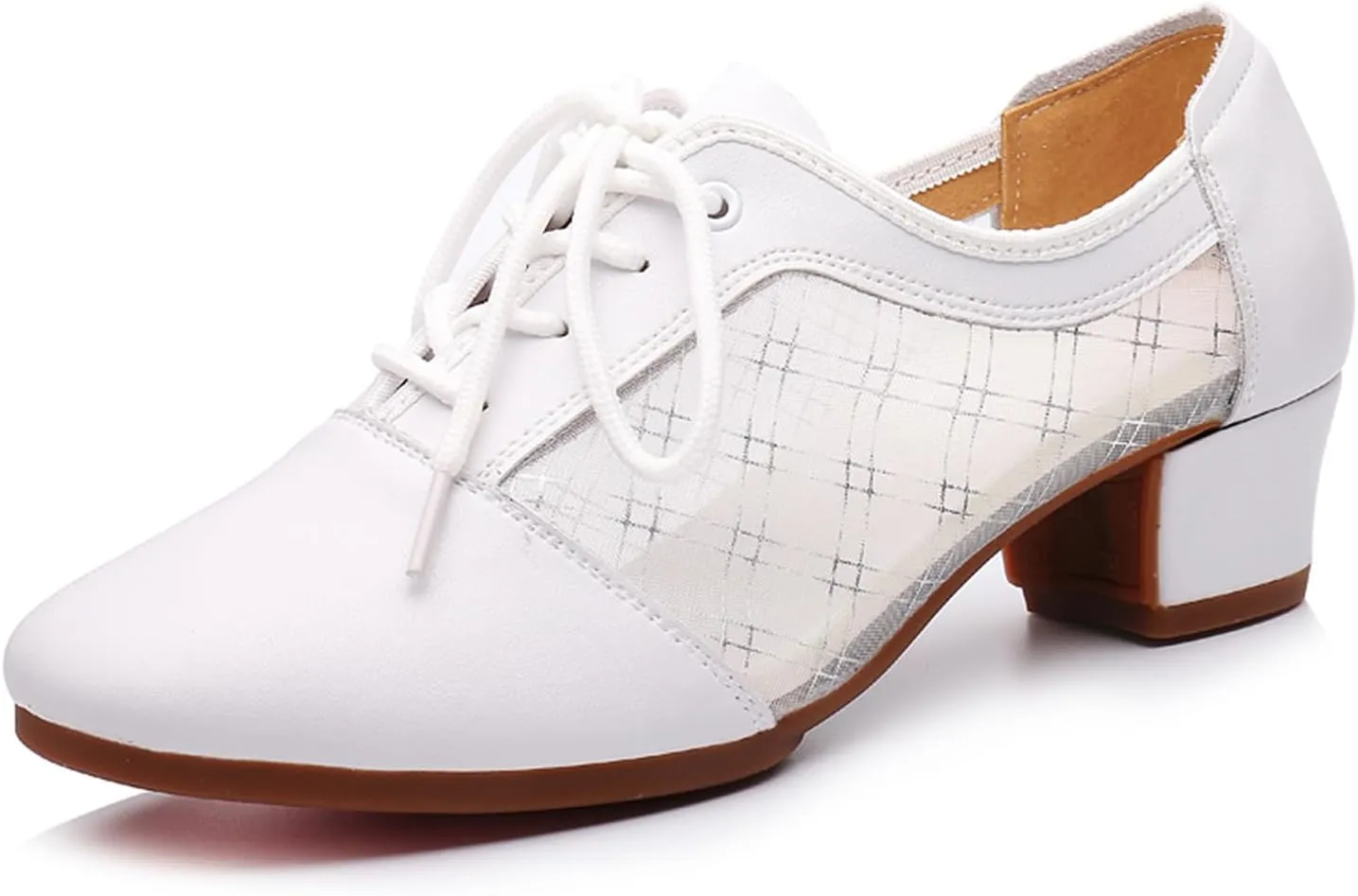 SWDZM Leather Ballroom Dance Practice Shoes for Women Lace-up Teaching Rhythm Dance Shoes with Mesh