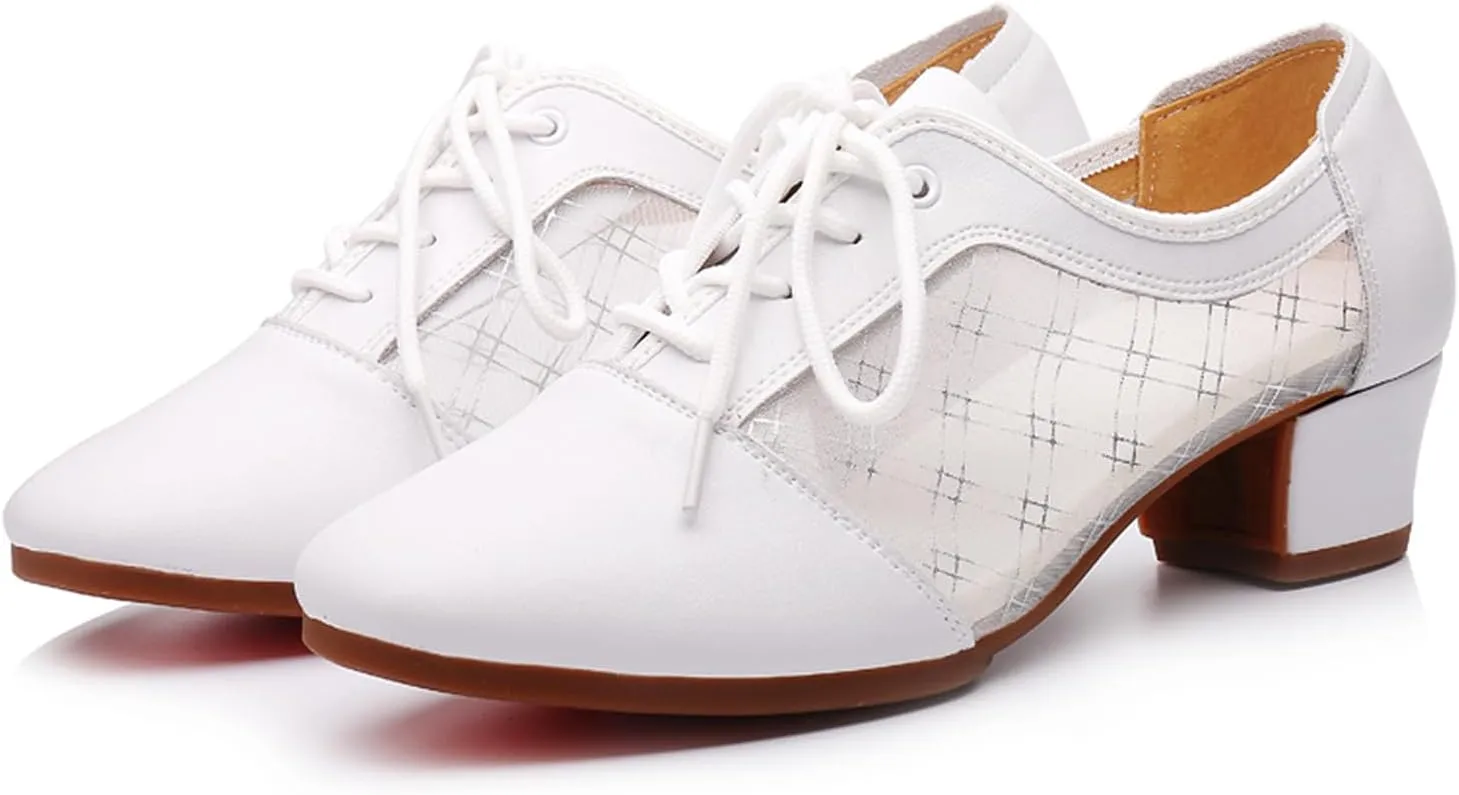 SWDZM Leather Ballroom Dance Practice Shoes for Women Lace-up Teaching Rhythm Dance Shoes with Mesh