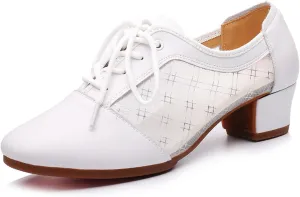 SWDZM Leather Ballroom Dance Practice Shoes for Women Lace-up Teaching Rhythm Dance Shoes with Mesh