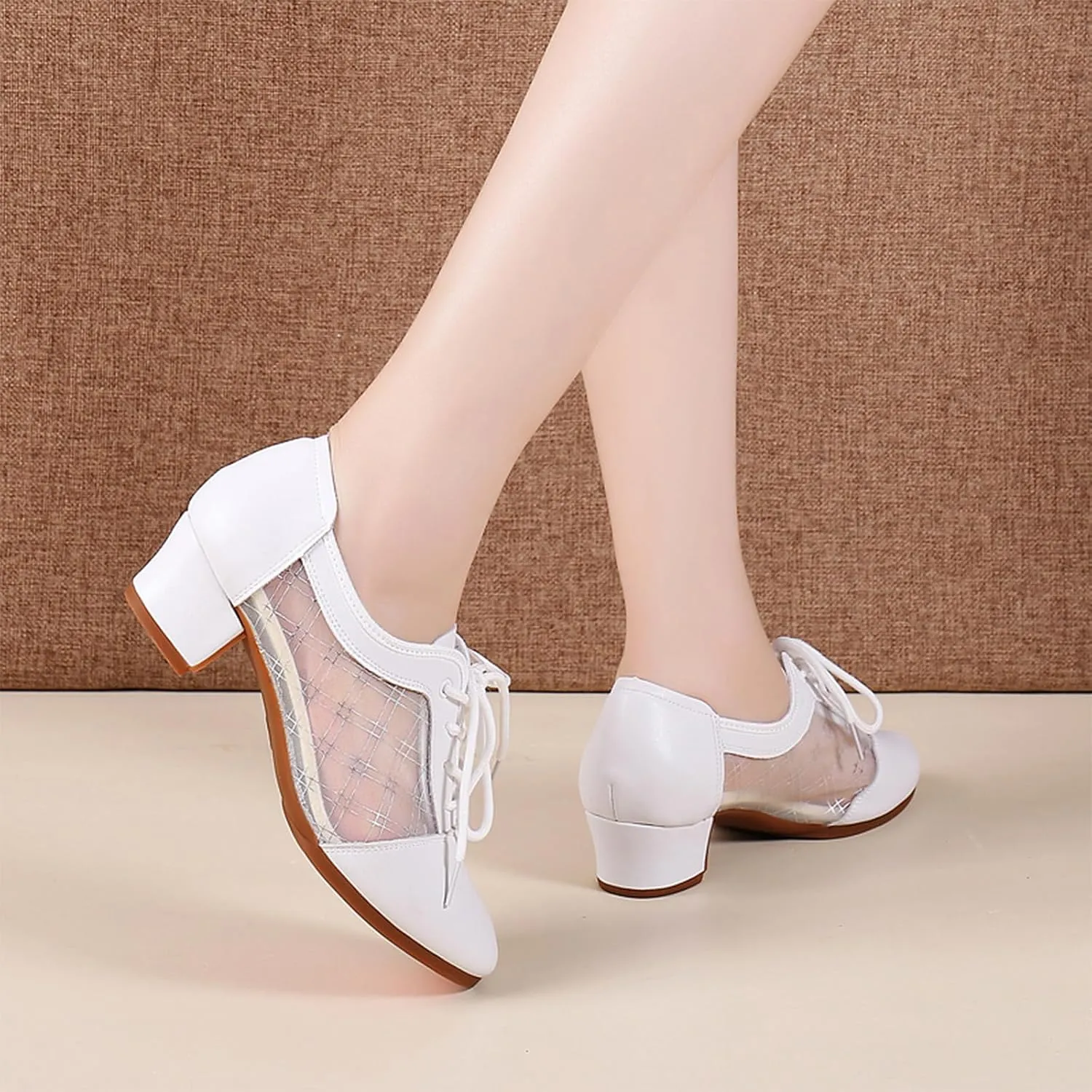 SWDZM Leather Ballroom Dance Practice Shoes for Women Lace-up Teaching Rhythm Dance Shoes with Mesh