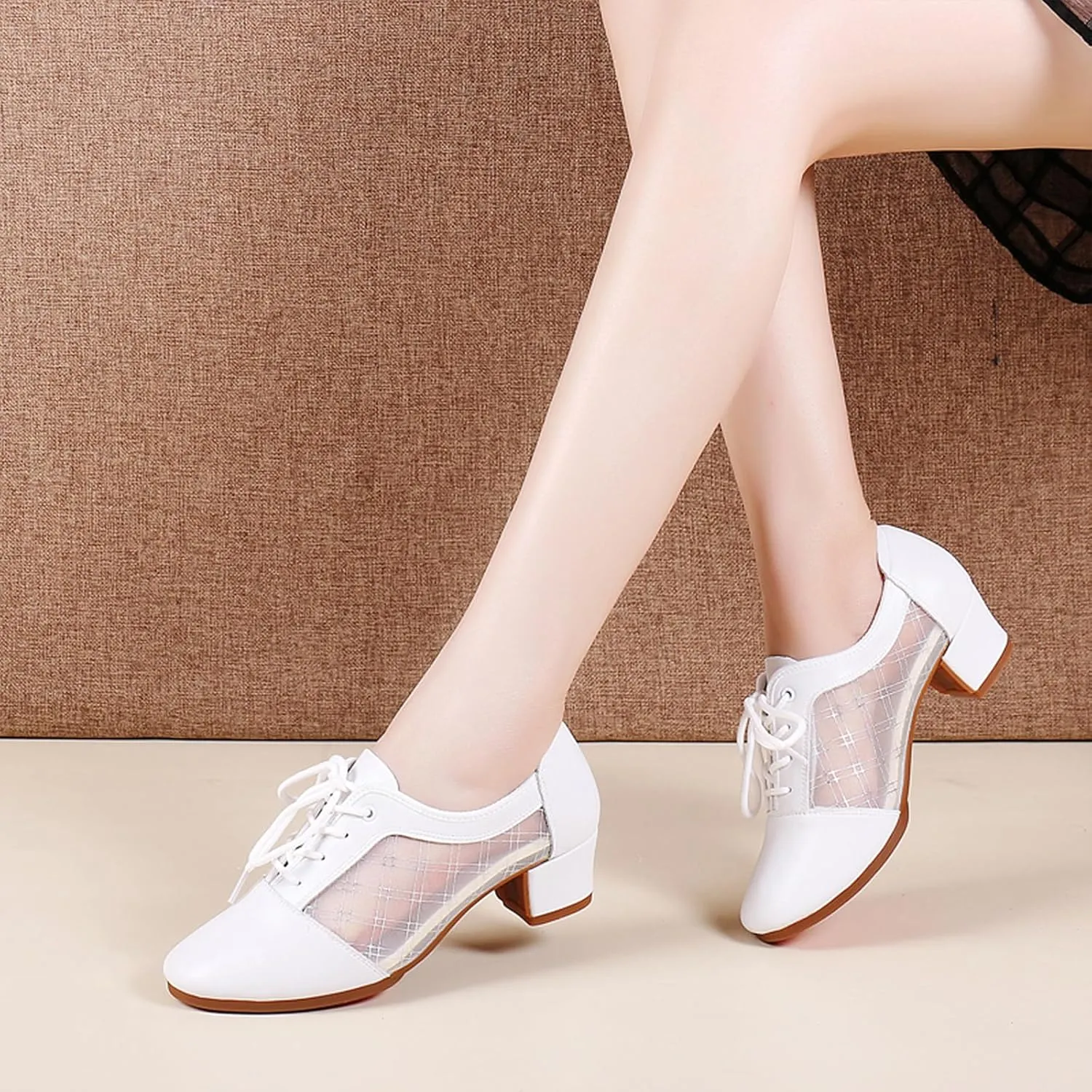 SWDZM Leather Ballroom Dance Practice Shoes for Women Lace-up Teaching Rhythm Dance Shoes with Mesh
