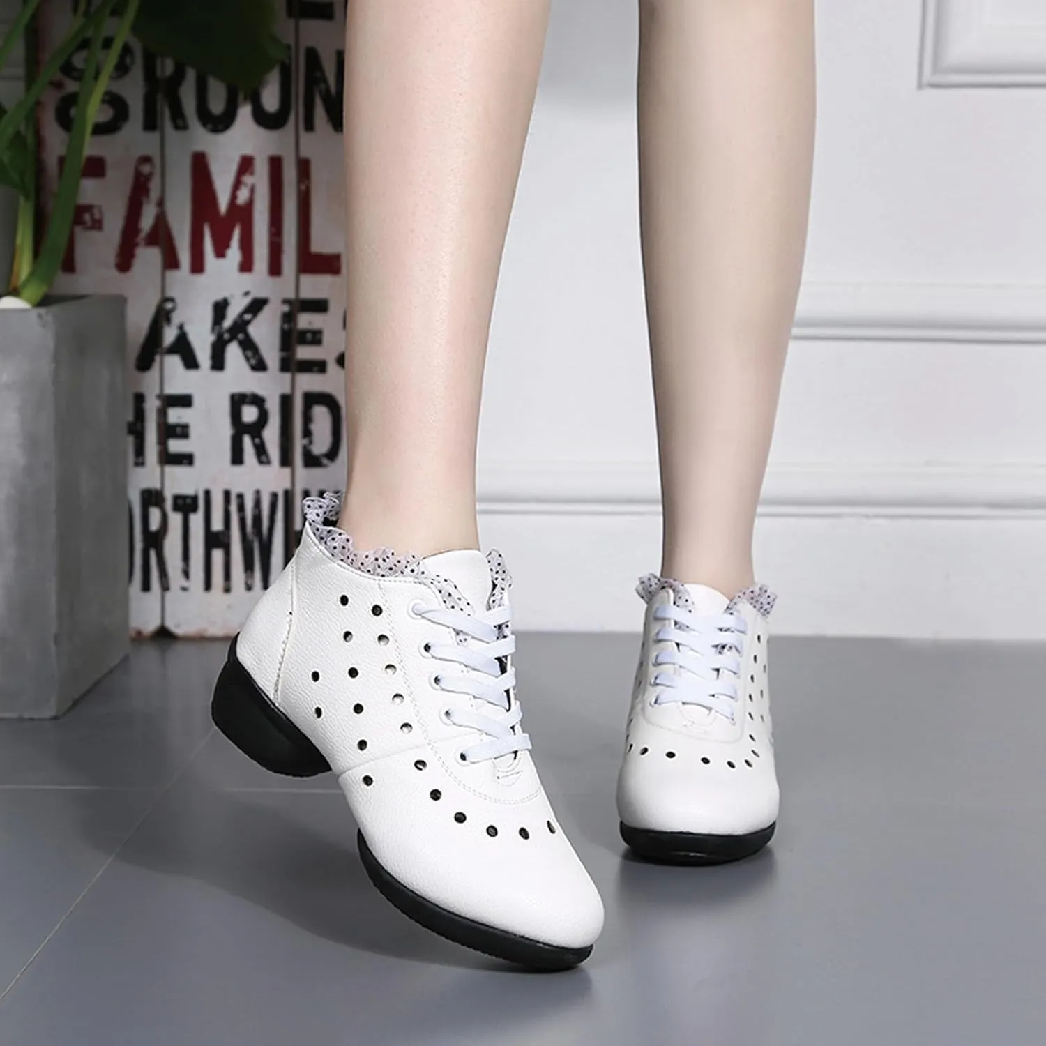 SWDZM Women's Jazz Shoes Lace-Up Dancing Walking Sneakers High Top Split Sole Modern Dance Shoes