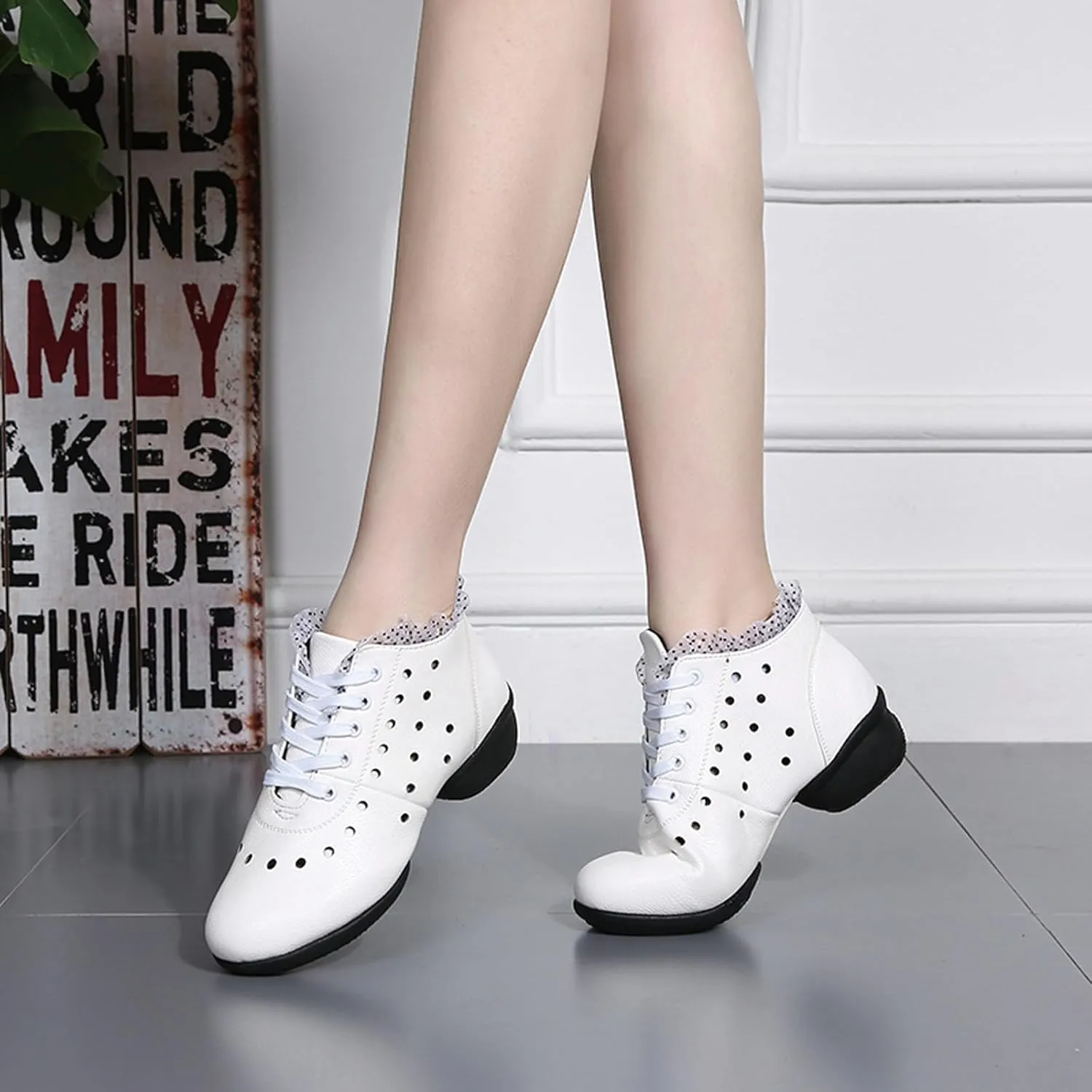 SWDZM Women's Jazz Shoes Lace-Up Dancing Walking Sneakers High Top Split Sole Modern Dance Shoes